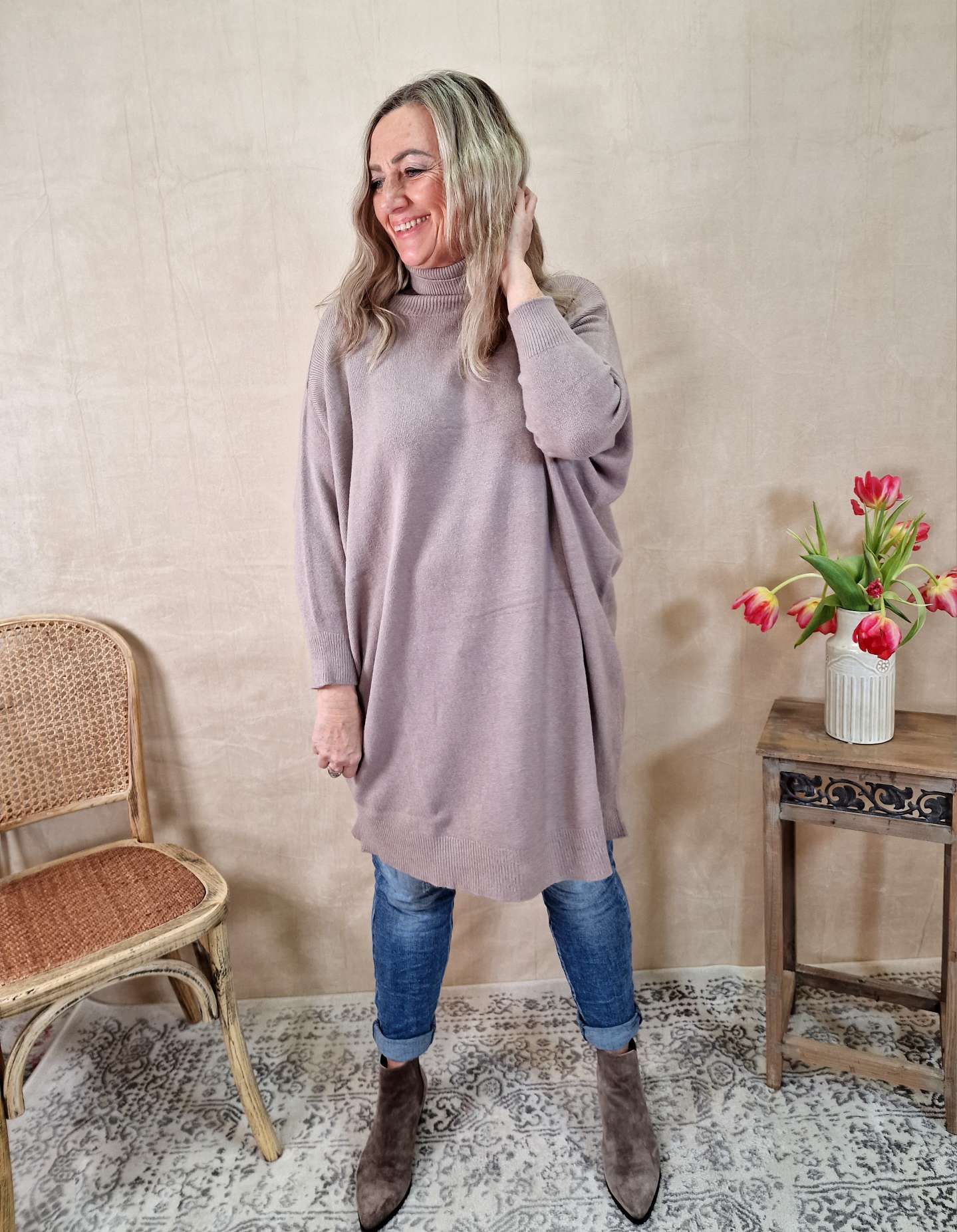 LIGHT KNIT DRESS EMILIA TAUPE 34-42 Made in Italy Strick Kleid Long Pullover LIGHT KNIT DRESS EMILIA TAUPE 34-42 Made in Italy Strick Kleid Long Pullover