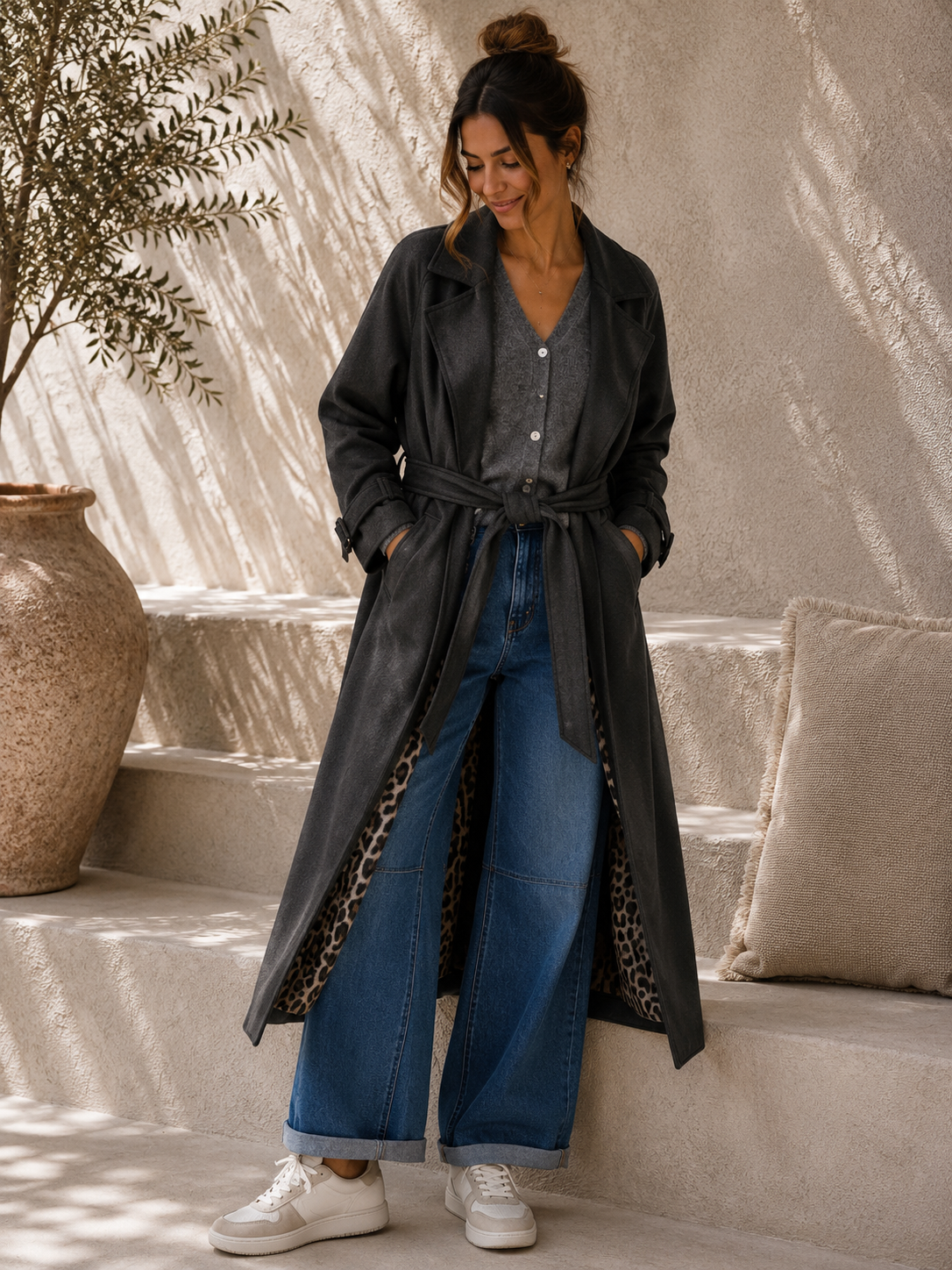 Tansania – Trenchcoat Mantel in Velourleder-Optik mit Leo-Futter | Made in Italy