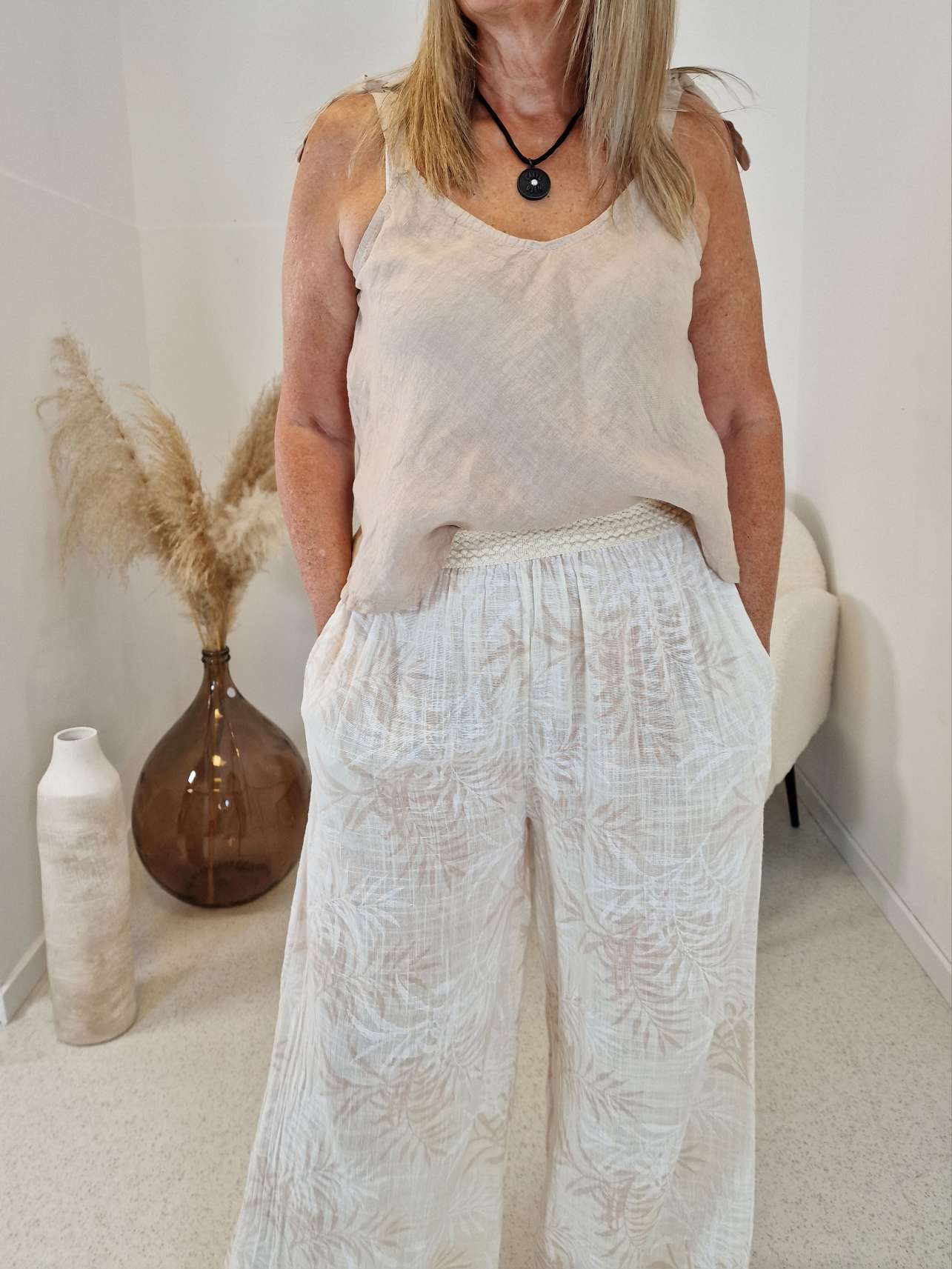 CULOTTE LEINEN HOSE BURRO CREME BEIGE 34-40 Made in Italy weite Hose PANT Sommerhose