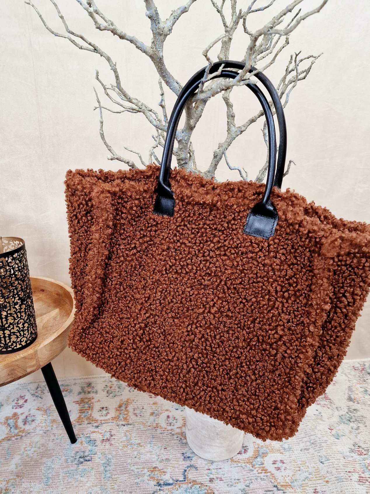 TEDDY FELL SHOPPER ELENI DUNKELBRAUN flauschige Shopping Bag mit Leder-Henkel Tasche Made in Italy TEDDY FELL SHOPPER ELENI DUNKELBRAUN flauschige Shopping Bag mit Leder-Henkel Tasche Made in Italy