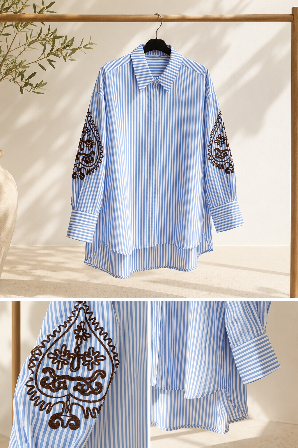 Oversize-Bluse Yvaine – Blau-weiß gestreift mit edler Ärmelstickerei | Made für stilvolle Everyday-Looks
