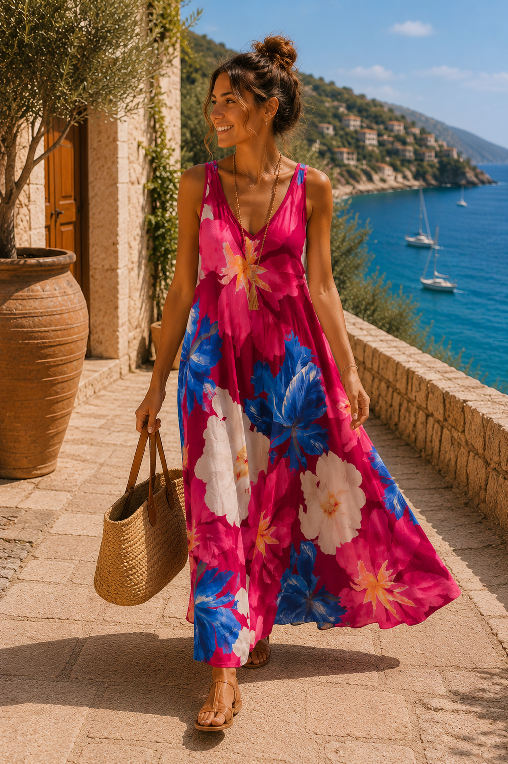 Maxikleid Bali – Made in Italy  Trendiges Leo-Kleid mit Taschen | Passend bis Größe 42/44