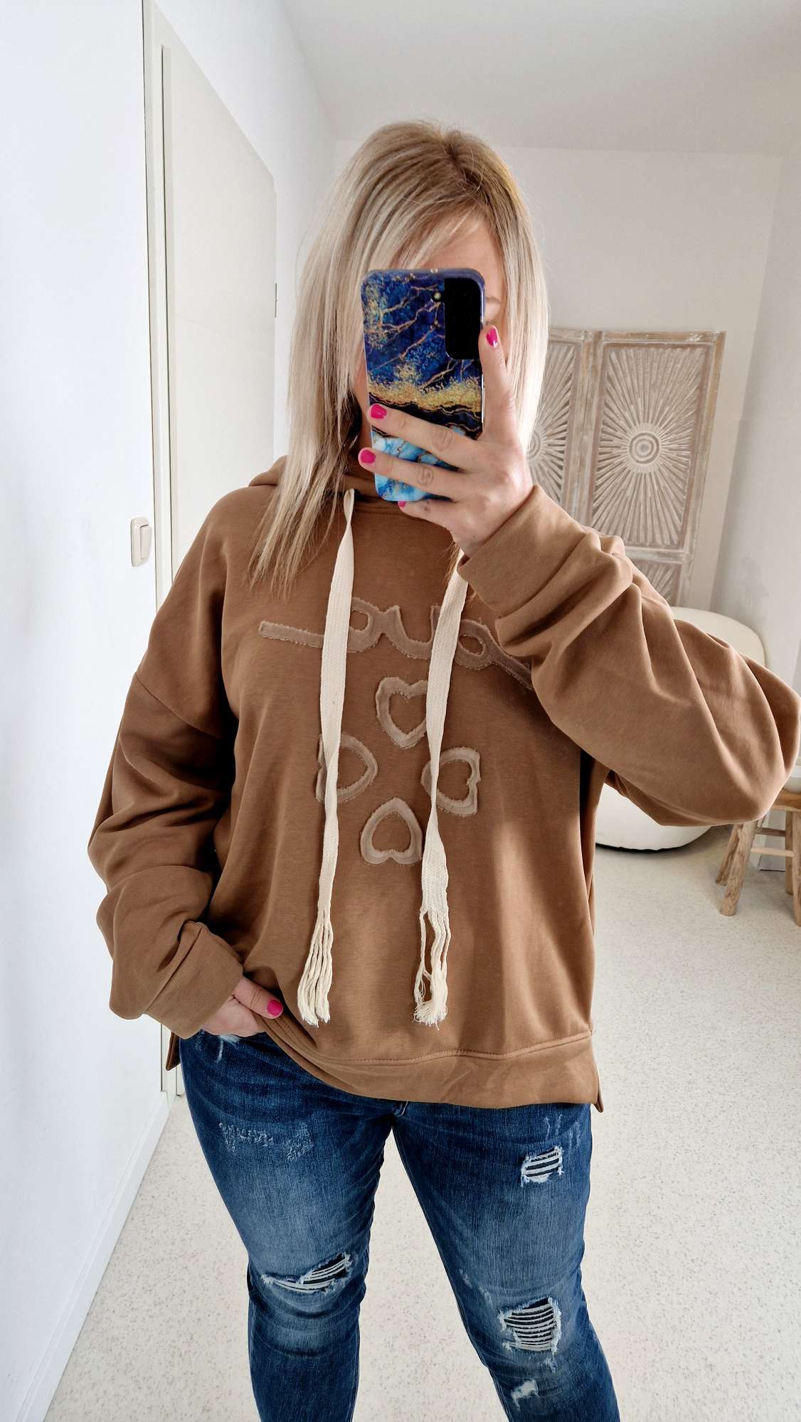 BASIC HOODIE HERZI Sweater Sweatshirt Camel 34-42 Made in Italy 