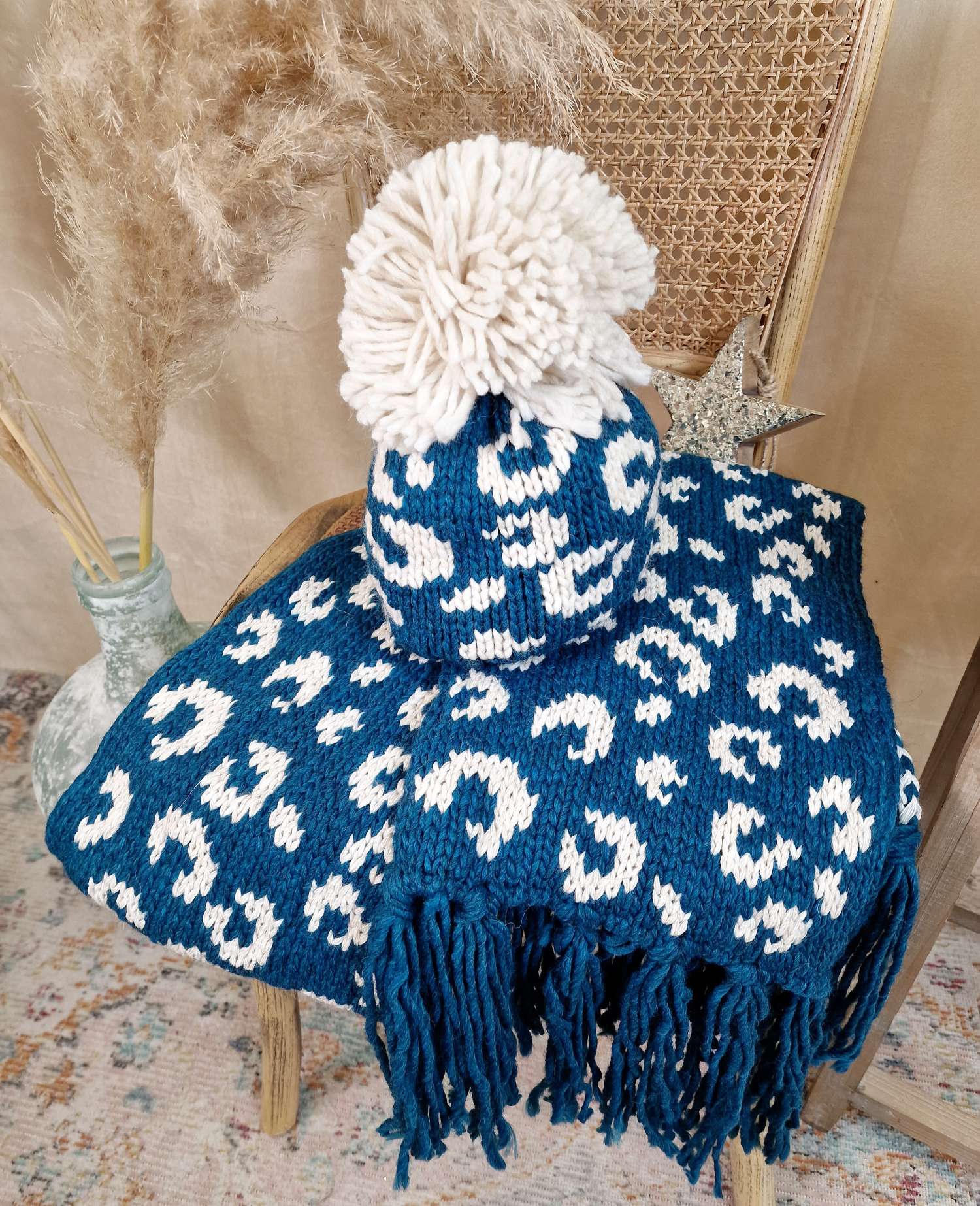 SCHAL SCARF VALERIE LEO PETROL Made in Italy Strick Halstuch Fransen Leopard