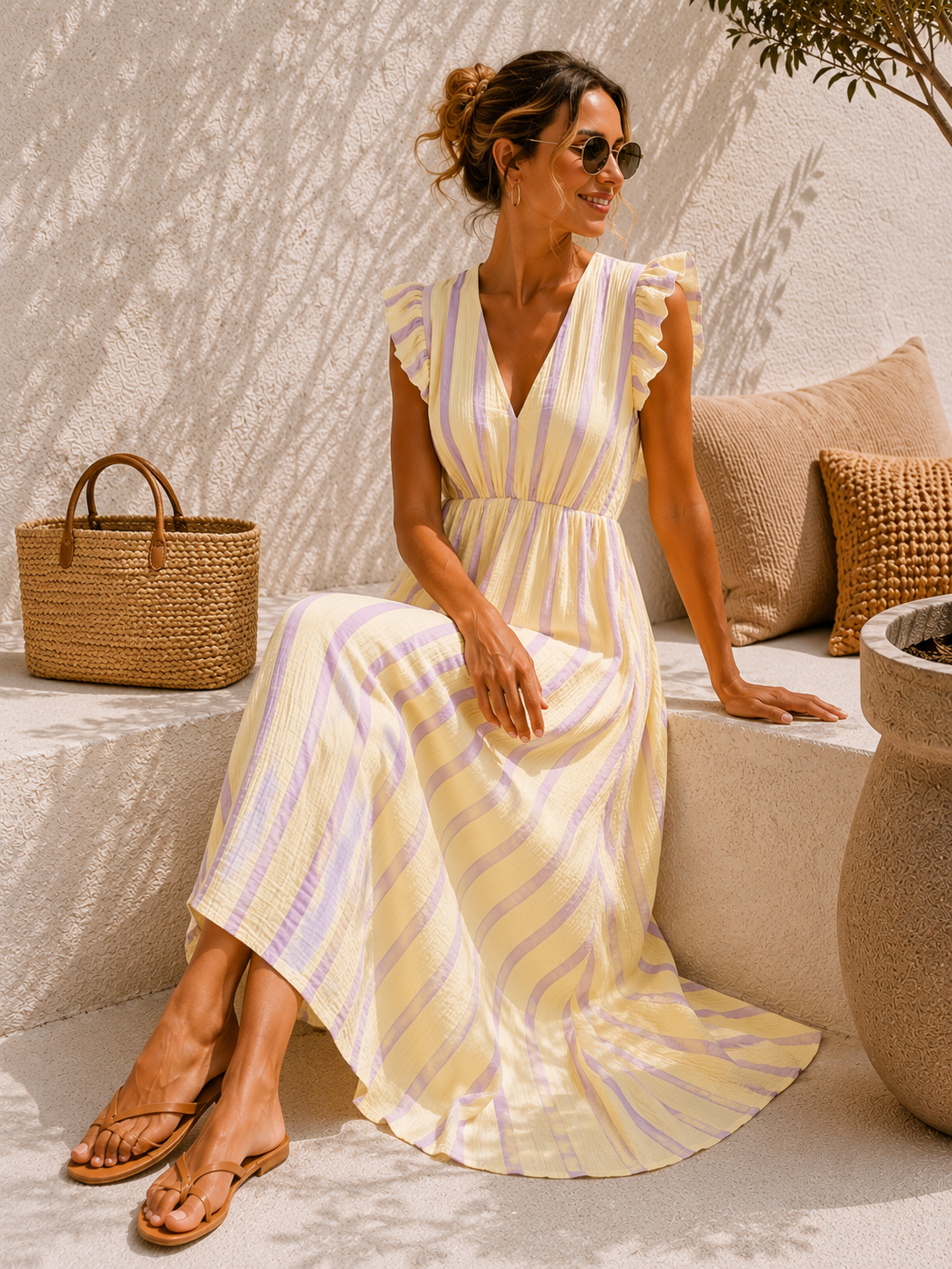 MUSSELIN KLEID ZOE STRIPES 34 - 42 Made in Italy ärmellos Rüsche