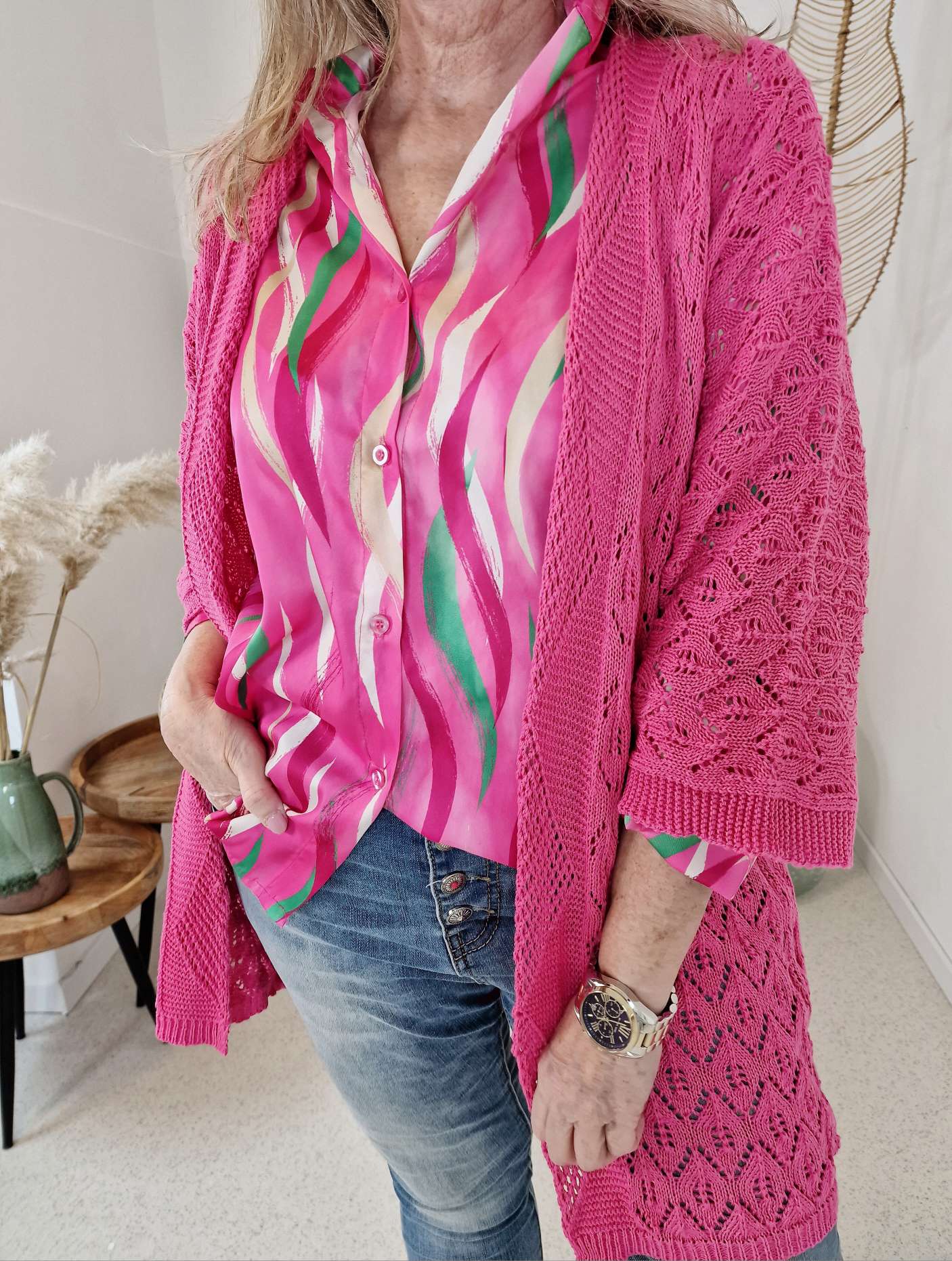 LOCHSTRICK CARDIGAN LAURA PINK 34-42 Made in Italy Strickjacke Strickmantel