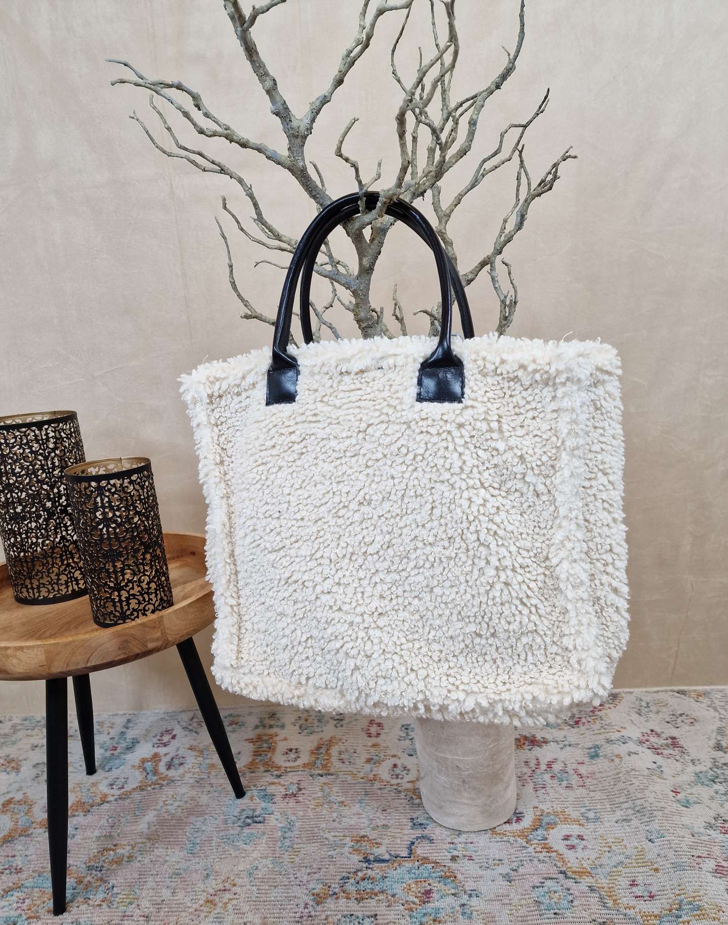 TEDDY FELL SHOPPER ELENI CREME flauschige Shopping Bag mit Leder-Henkel Tasche Made in Italy TEDDY FELL SHOPPER ELENI CREME flauschige Shopping Bag mit Leder-Henkel Tasche Made in Italy