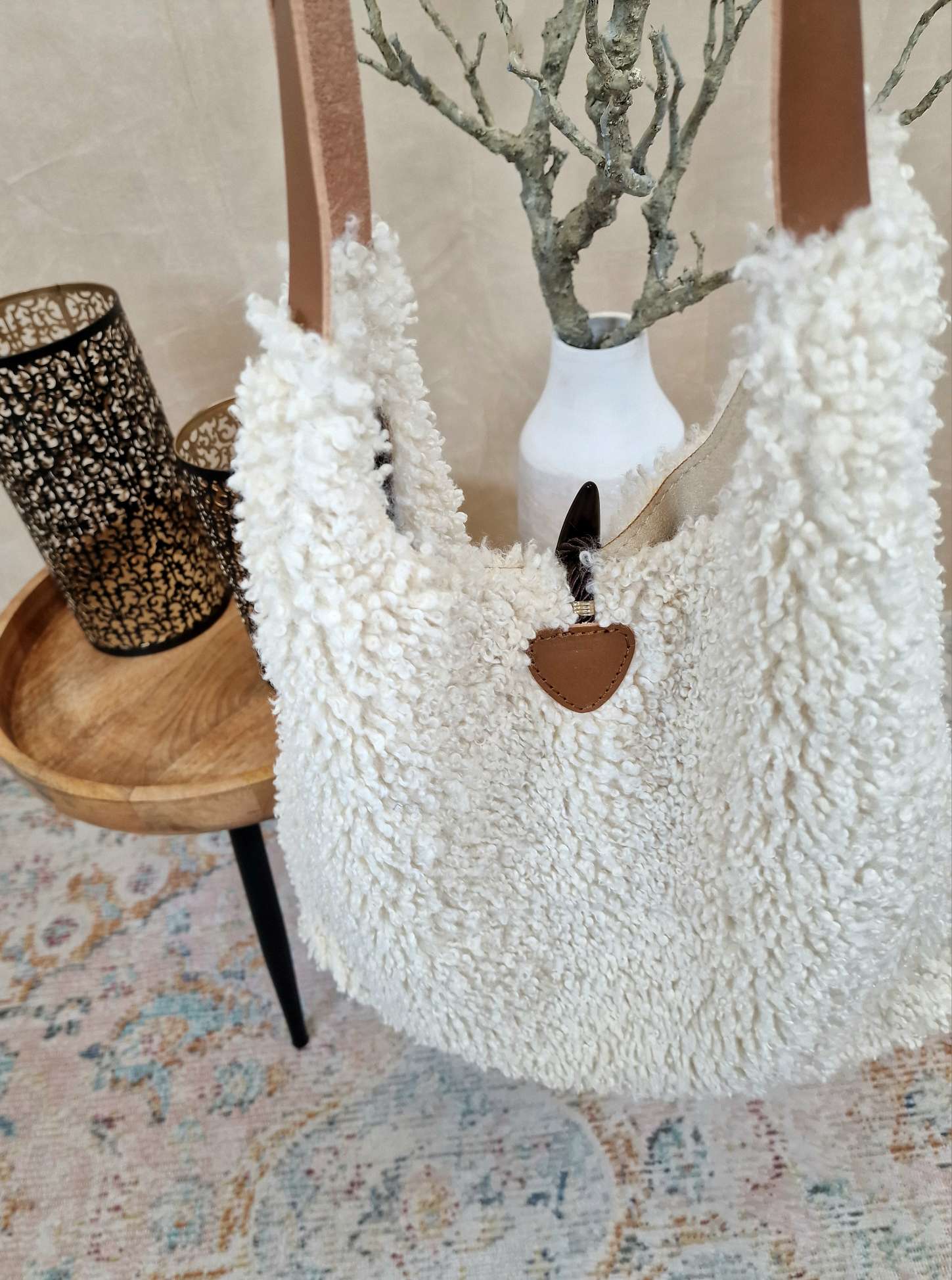 TEDDY FELL SHOPPER LIZZY CREME flauschige Shopping Bag Tasche mit Leder-Henkel Made in Italy TEDDY FELL SHOPPER LIZZY CREME flauschige Shopping Bag Tasche mit Leder-Henkel Made in Italy