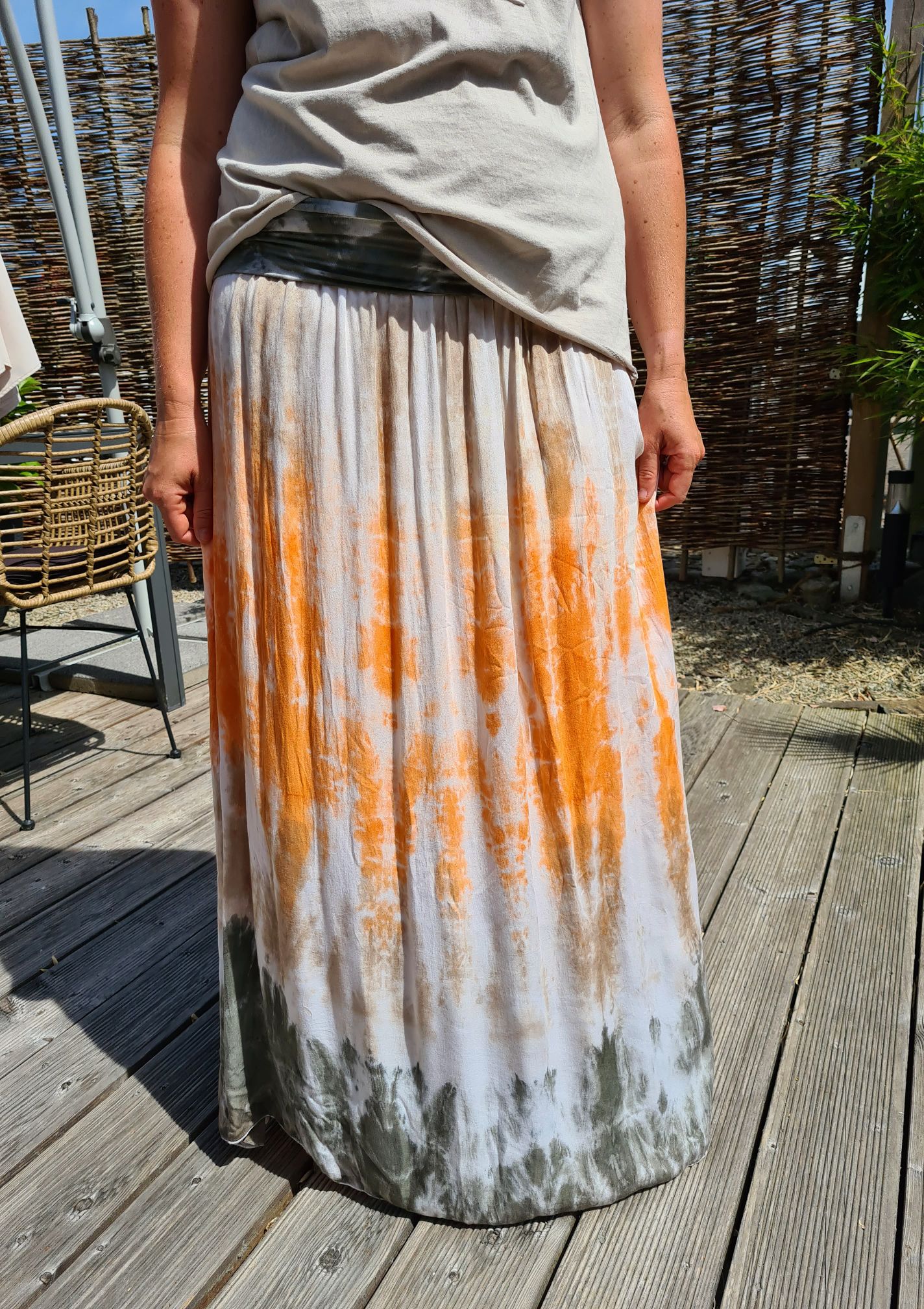 MAXI BATIK SKIRT ANNI ORANGE BEIGE GRAU 34-42 Made in Italy langer Rock Damenrock MAXI BATIK SKIRT ANNI ORANGE BEIGE GRAU 34-42 Made in Italy langer Rock Damenrock