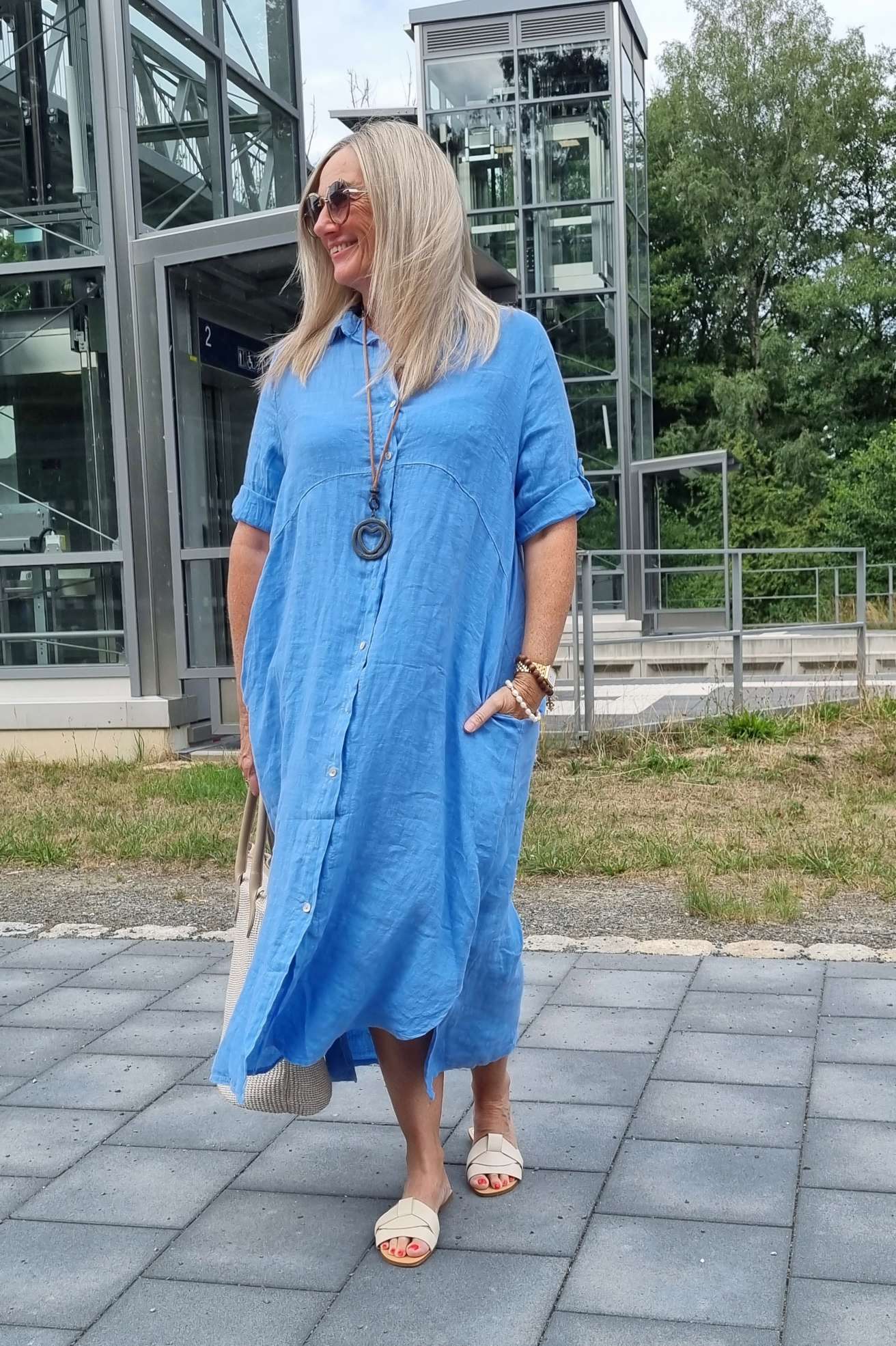 LINEN DESS WILMA DENIM BLAU 34-42 Made in Italy Leinen Kleid Long Bluse Mantel LINEN DESS WILMA DENIM BLAU 34-42 Made in Italy Leinen Kleid Long Bluse Mantel