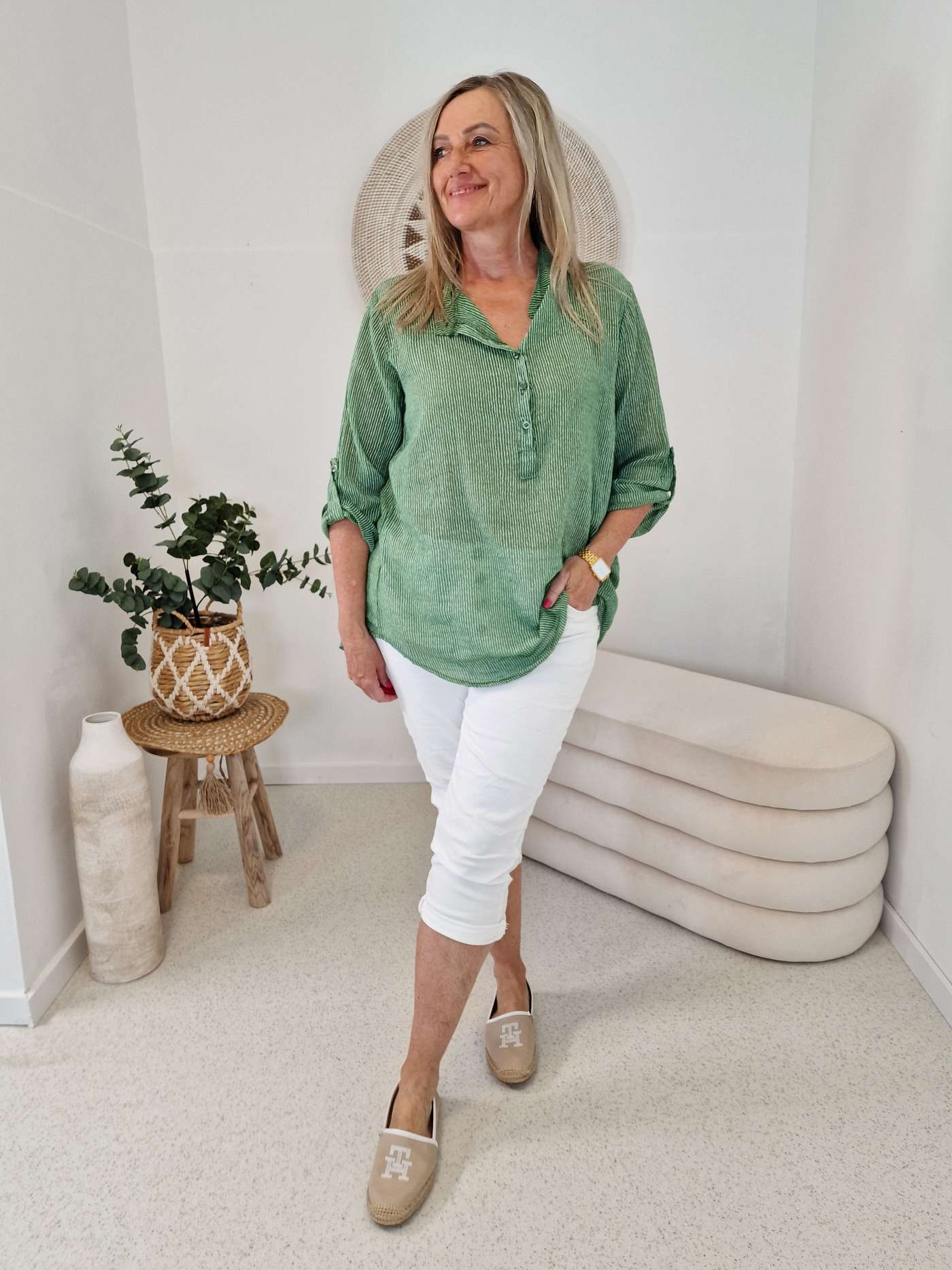 ZARTE STREIFEN BLUSE BELINDE GRÜN 34-42 langarm Bluse Shirt ZARTE STREIFEN BLUSE BELINDE GRÜN 34-42 langarm Bluse Shirt