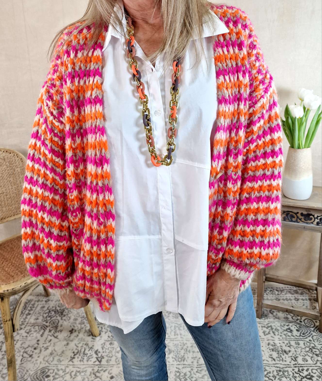 SHORT KNIT CARDIGAN DOMINO PINK ORANGE CREME kurze Strick Jacke Made in Italy 34-42 SHORT KNIT CARDIGAN DOMINO PINK ORANGE CREME kurze Strick Jacke Made in Italy 34-42