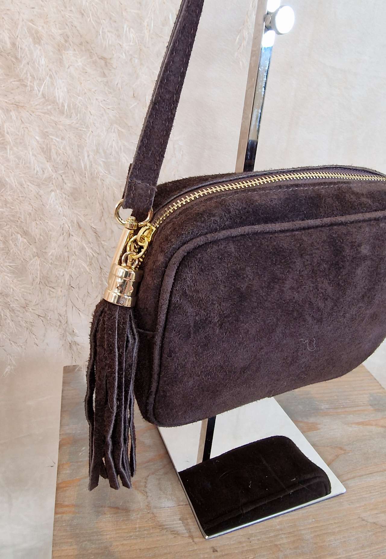 WILDLEDER CROSSBODY BAG SVETLANA DUNKELBRAUN Made in Italy Umhänge Tasche Handtasche