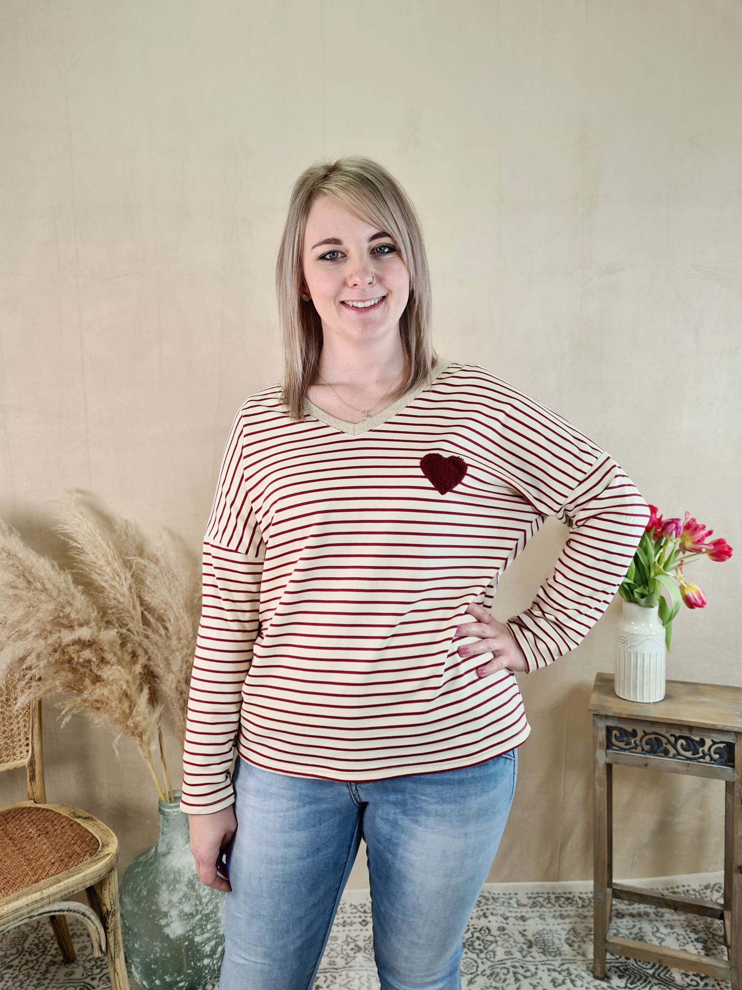 BASIC SHIRT SWEET HEART NEW STRIPES ROT Streifen Longsleeve 34-42 Made in Italy