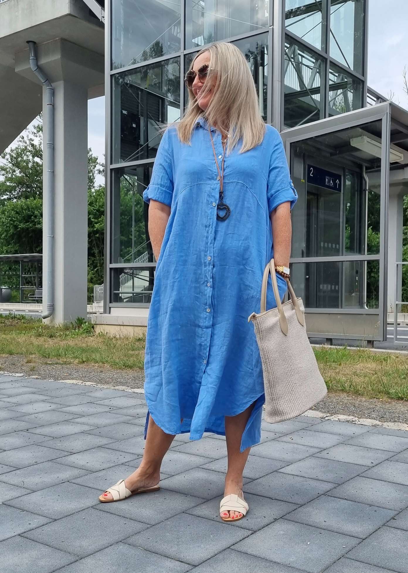 LINEN DESS WILMA DENIM BLAU 34-42 Made in Italy Leinen Kleid Long Bluse Mantel LINEN DESS WILMA DENIM BLAU 34-42 Made in Italy Leinen Kleid Long Bluse Mantel