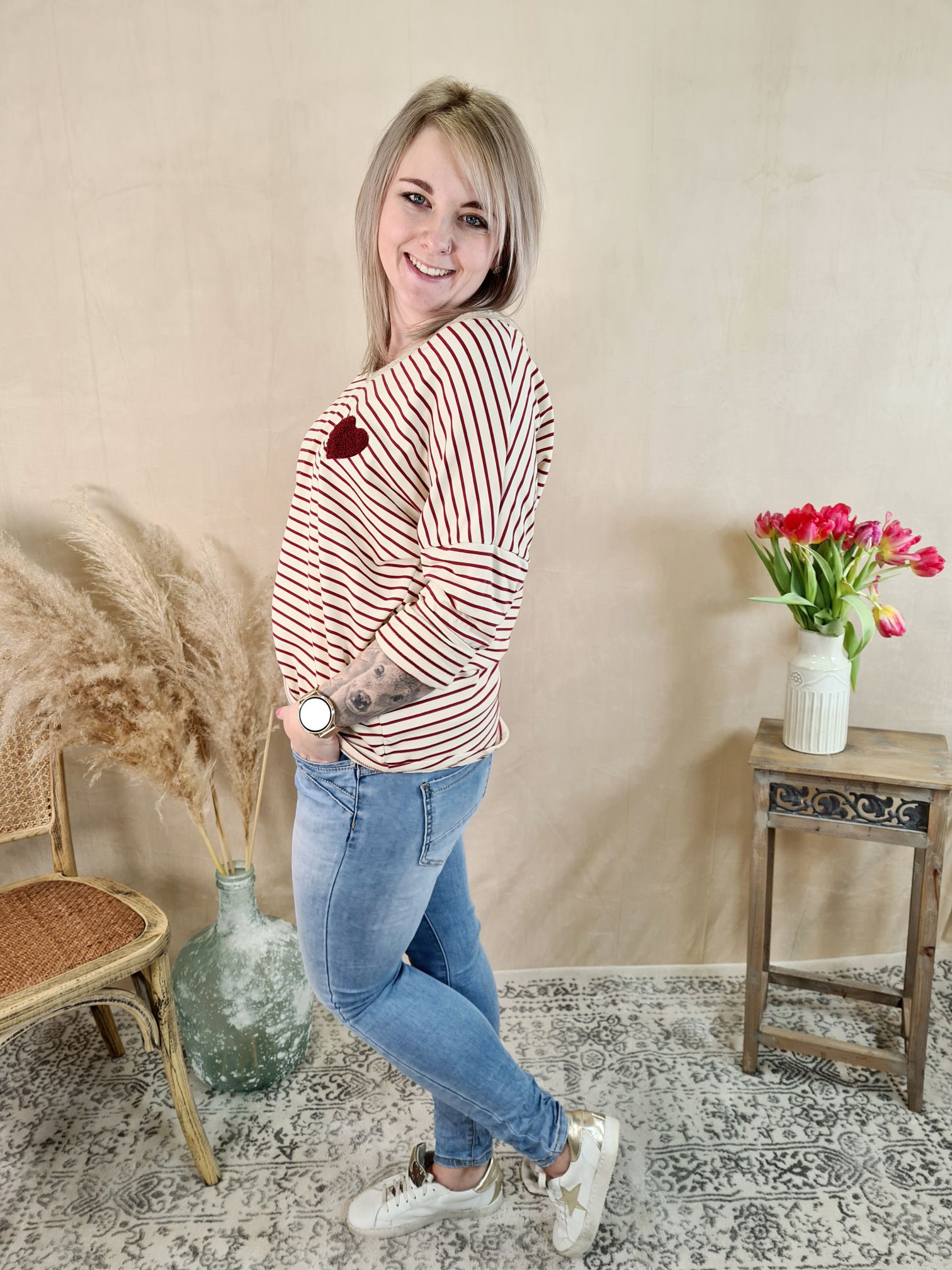 BASIC SHIRT SWEET HEART NEW STRIPES ROT Streifen Longsleeve 34-42 Made in Italy