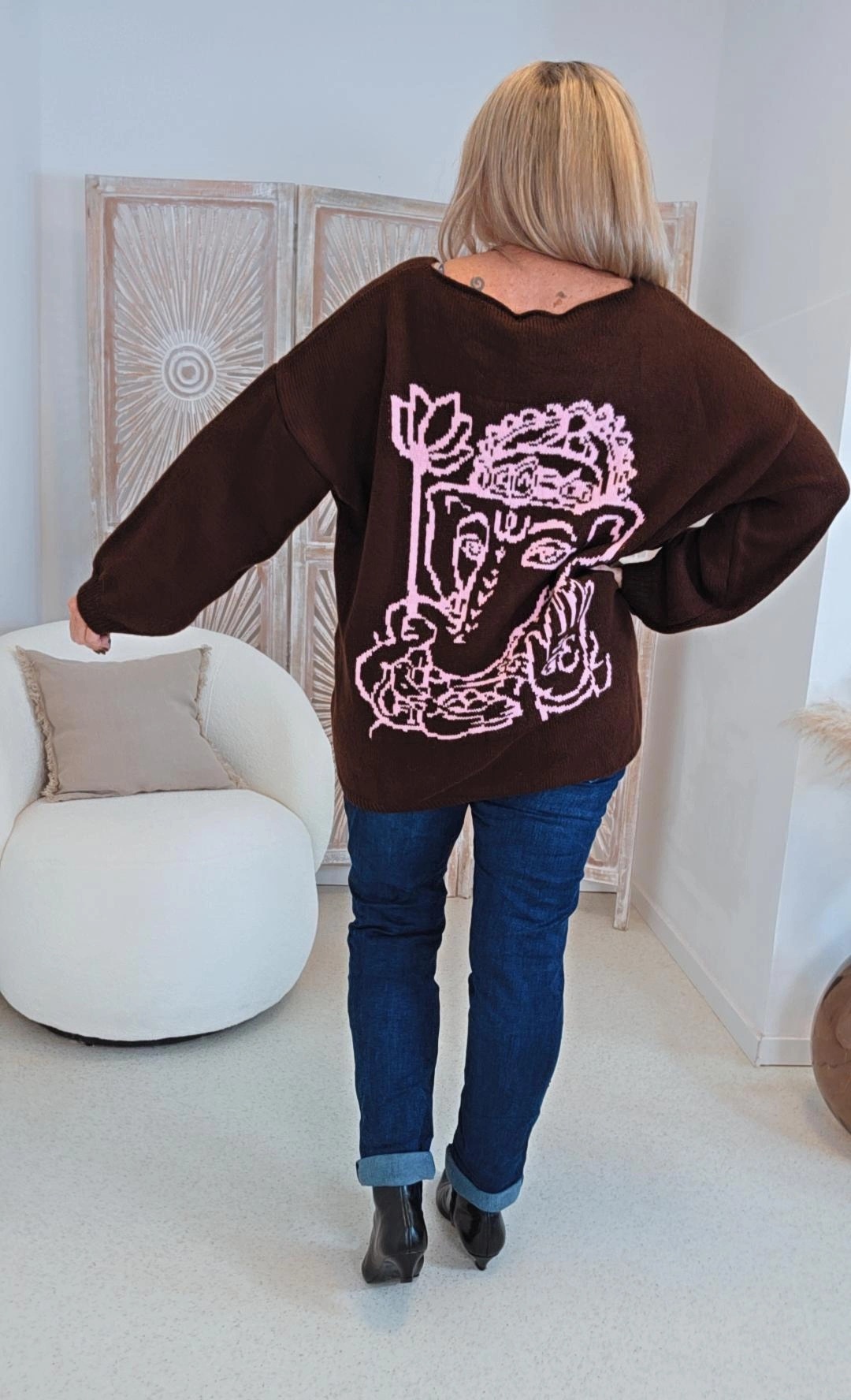STRICK-PULLOVER YVONNE mit Rückenmotiv & V-Ausschnitt 34-44 Made in Italy