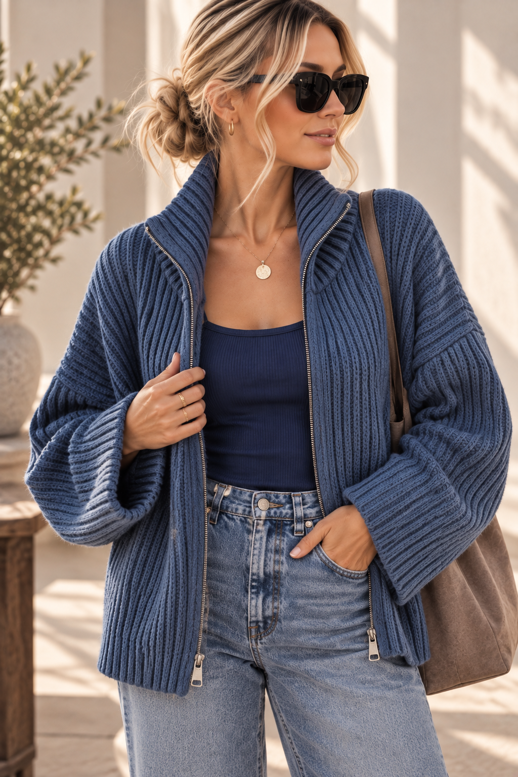 Uni Strickjacke mit Zwei-Wege-Zipper & breitem Rippkragen | SJ0103 | Made in Italy