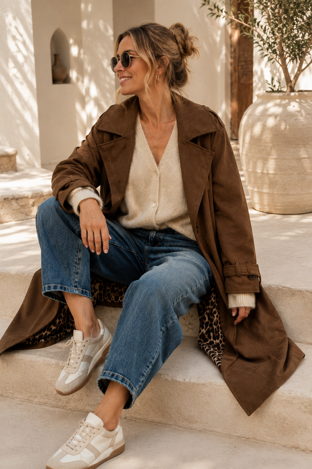 Tansania – Trenchcoat Mantel in Velourleder-Optik mit Leo-Futter | Made in Italy