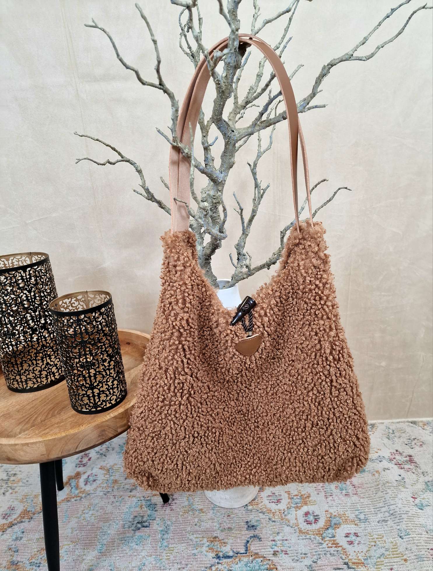 TEDDY FELL SHOPPER LIZZY CAMEL flauschige Shopping Bag mit Leder-Henkel Tasche Made in Italy TEDDY FELL SHOPPER LIZZY CAMEL flauschige Shopping Bag mit Leder-Henkel Tasche Made in Italy