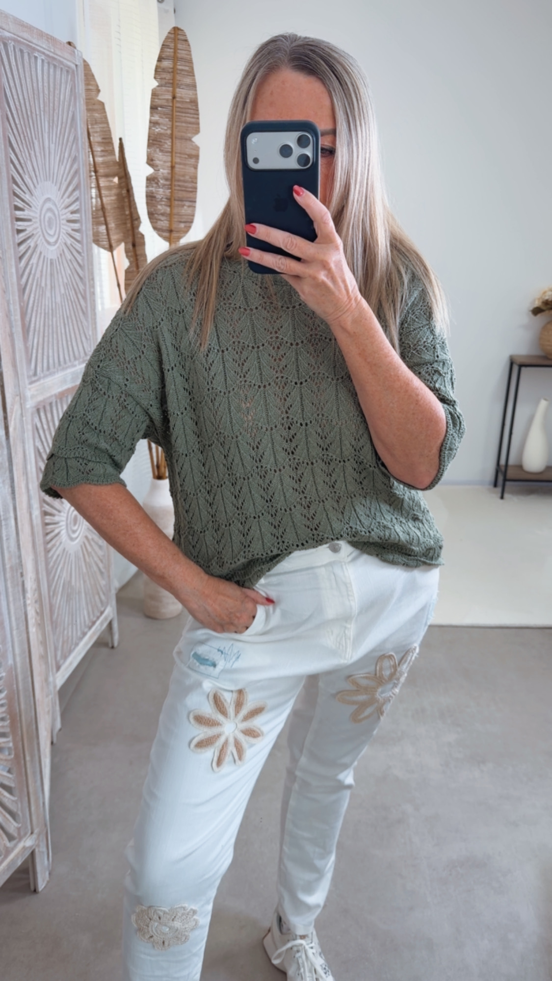 Strickshirt Lochmuster Fili Uni Made in Italy 34-42 Kurzarm Pullover