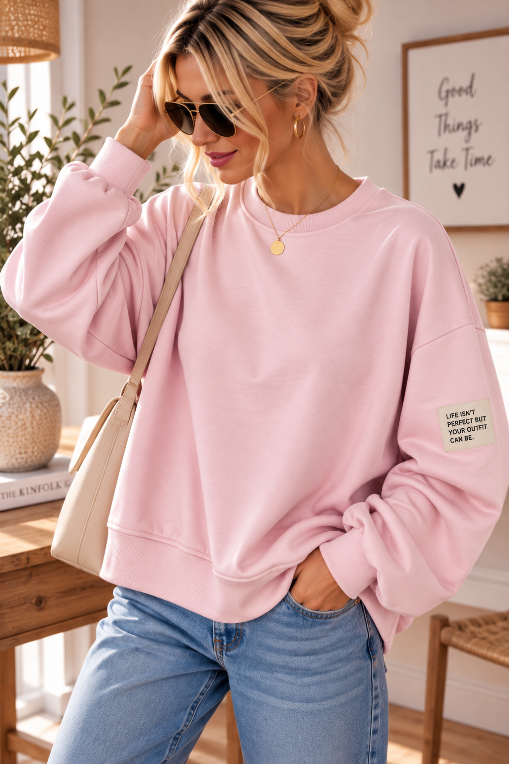 Butterstoff-Sweatshirt uni mit Statement-Patch – SW0094 Made in Italy Gr 34-42