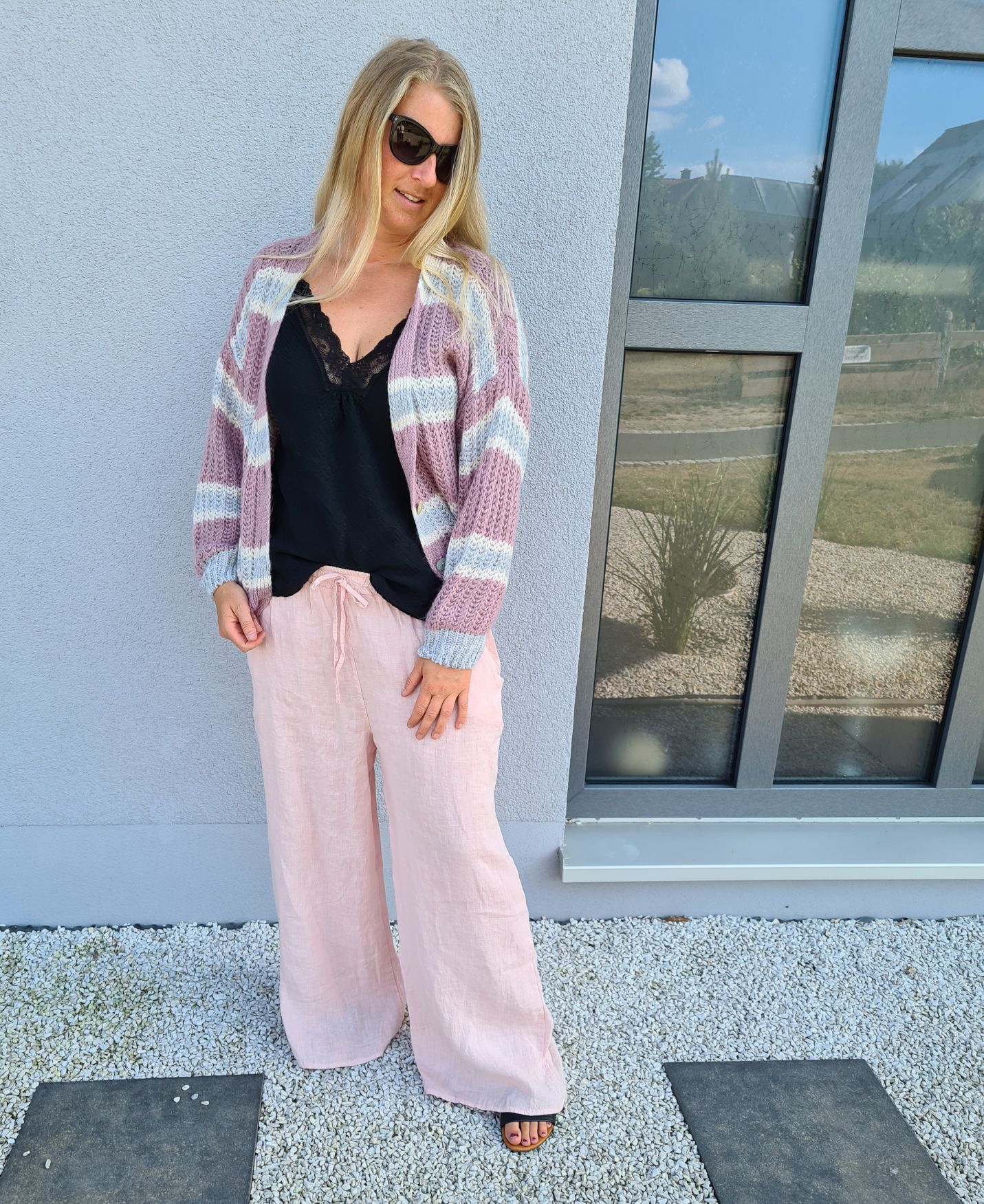 SHORT KNIT CARDIGAN MYKONOS STRIPES BUTTONS ROSA GRAU kurze Strick Jacke Made in Italy Knöpfe Streifen 34-42 SHORT KNIT CARDIGAN MYKONOS STRIPES BUTTONS ROSA GRAU kurze Strick Jacke Made in Italy Knöpfe Streifen 34-42