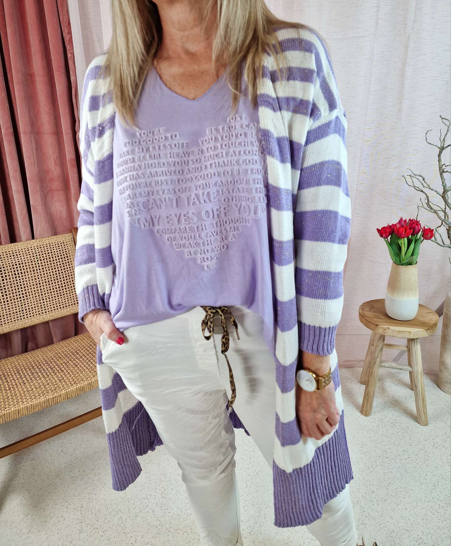 CARDIGAN BIBI STRIPES LILA 34-42 Made in Italy Strickjacke Strickmantel