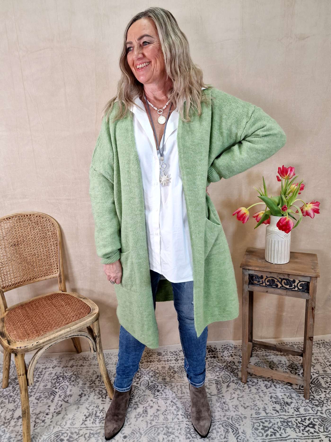 EDLER KNIT CARDIGAN TEODORA  GRÜN  Strick Jacke Mantel 34-42  Made in Italy