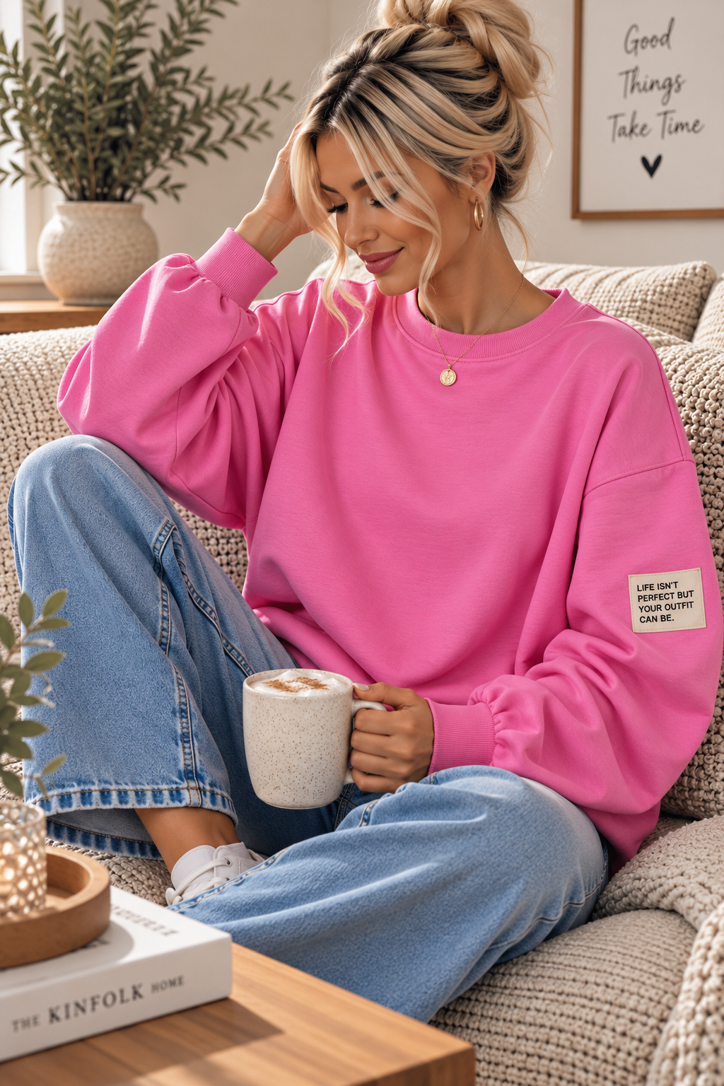 Butterstoff-Sweatshirt uni mit Statement-Patch – SW0094 Made in Italy Gr 34-42