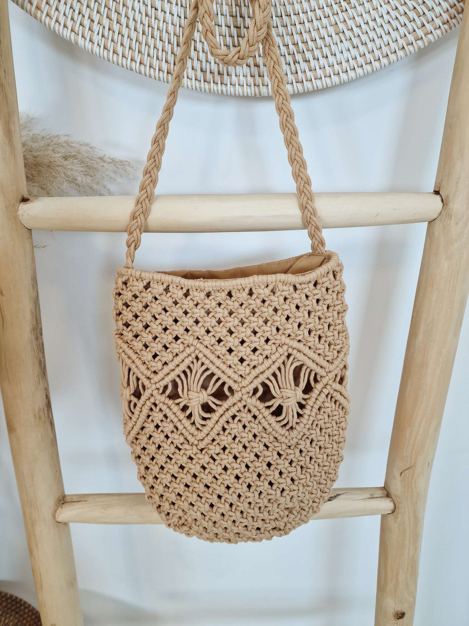 BOHO BAG MAKRAMEE CAMEL Italy Design Bohemian Tasche Beach Bag Basttasche Strand
