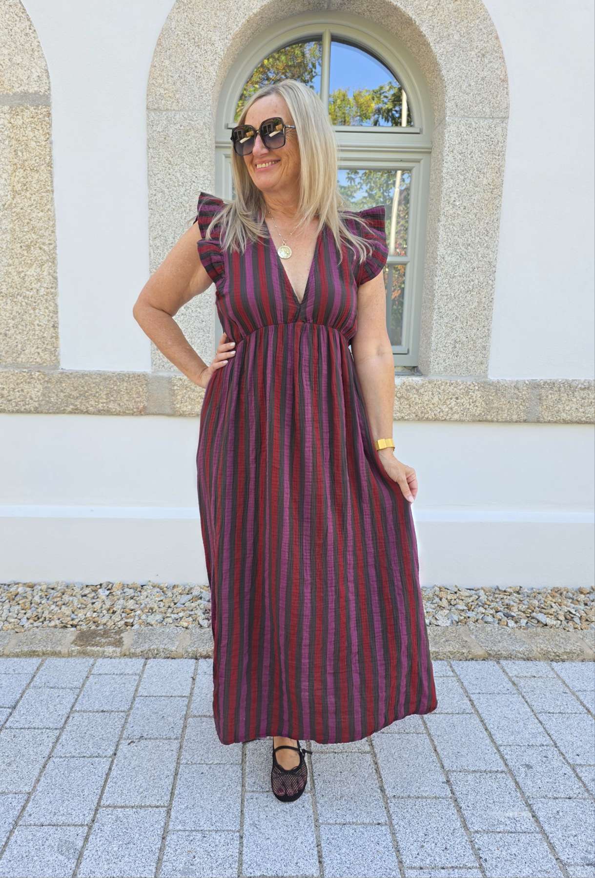 MUSSELIN KLEID ZOE STRIPES 34 - 42 Made in Italy ärmellos Rüsche 