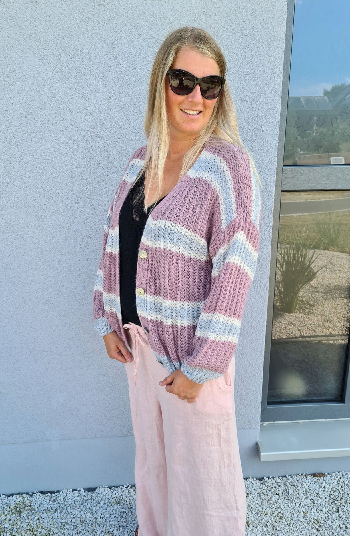 SHORT KNIT CARDIGAN MYKONOS STRIPES BUTTONS ROSA GRAU kurze Strick Jacke Made in Italy Knöpfe Streifen 34-42 SHORT KNIT CARDIGAN MYKONOS STRIPES BUTTONS ROSA GRAU kurze Strick Jacke Made in Italy Knöpfe Streifen 34-42