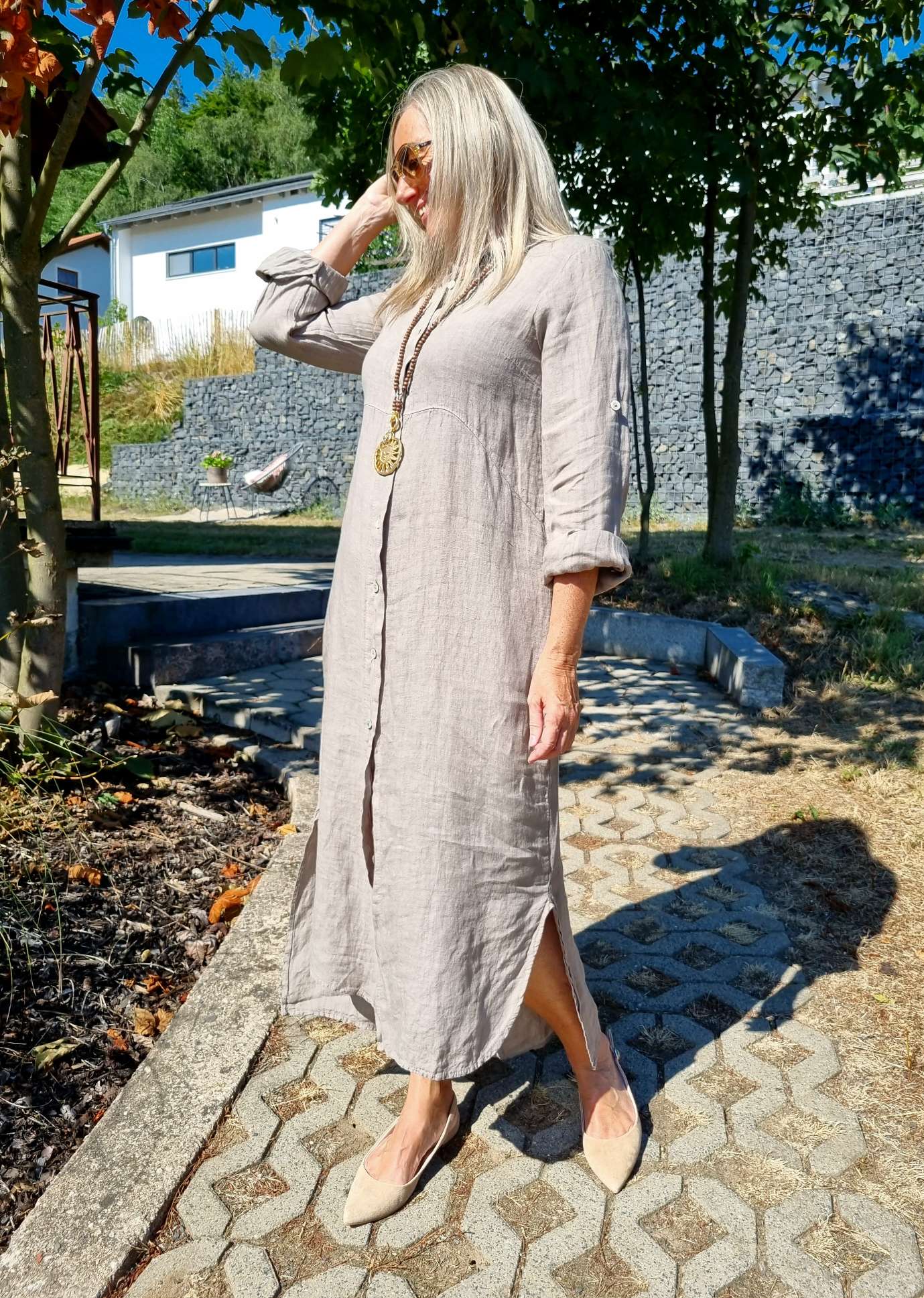LINEN DESS WANDA 2 SCHLAMM 34-40 Made in Italy Leinen Kleid Long Bluse Mantel LINEN DESS WANDA 2 SCHLAMM 34-40 Made in Italy Leinen Kleid Long Bluse Mantel