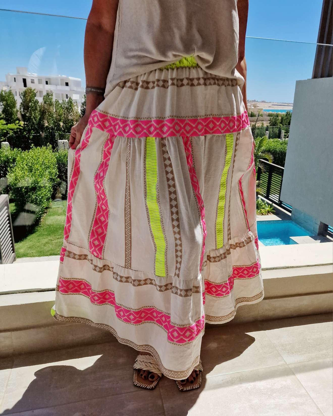MAXI SKIRT RUANDA PINK GELB 34-40 Made in Italy Maxi Rock Damenrock MAXI SKIRT RUANDA PINK GELB 34-40 Made in Italy Maxi Rock Damenrock