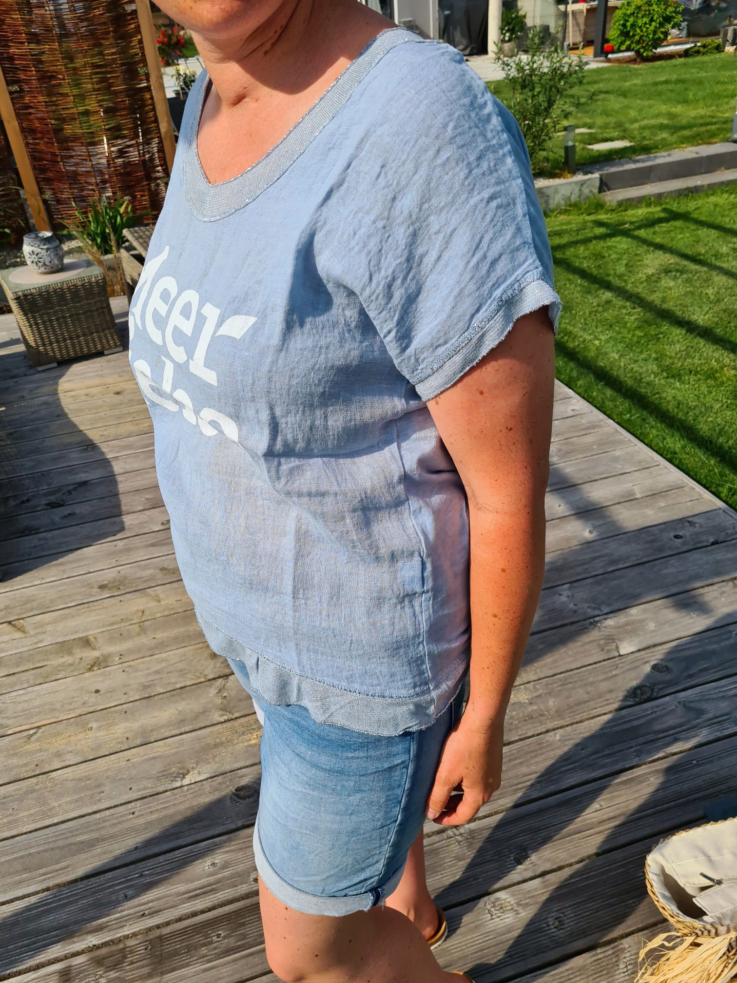 LEINEN T-SHIRT MEER LIEBE BLAU 34-42 Made in Italy Basic kurzarm Leinen T-Shirt LEINEN T-SHIRT MEER LIEBE BLAU 34-42 Made in Italy Basic kurzarm Leinen T-Shirt