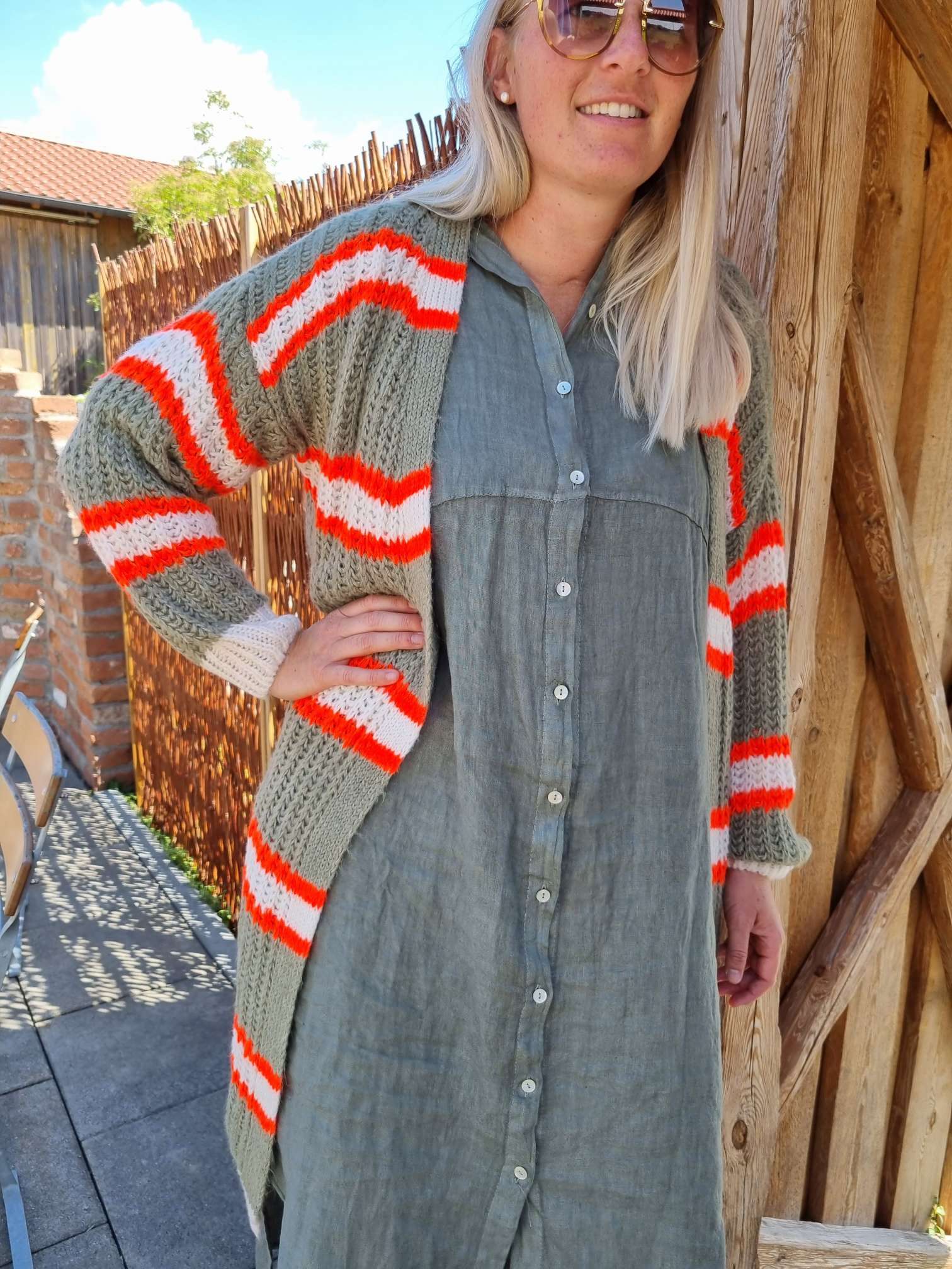 LONG KNIT CARDIGAN MYKONOS STRIPES KHAKI ORANGE CREME langer Strick Mantel Jacke Made in Italy Streifen 34-42 LONG KNIT CARDIGAN MYKONOS STRIPES KHAKI ORANGE CREME langer Strick Mantel Jacke Made in Italy Streifen 34-42