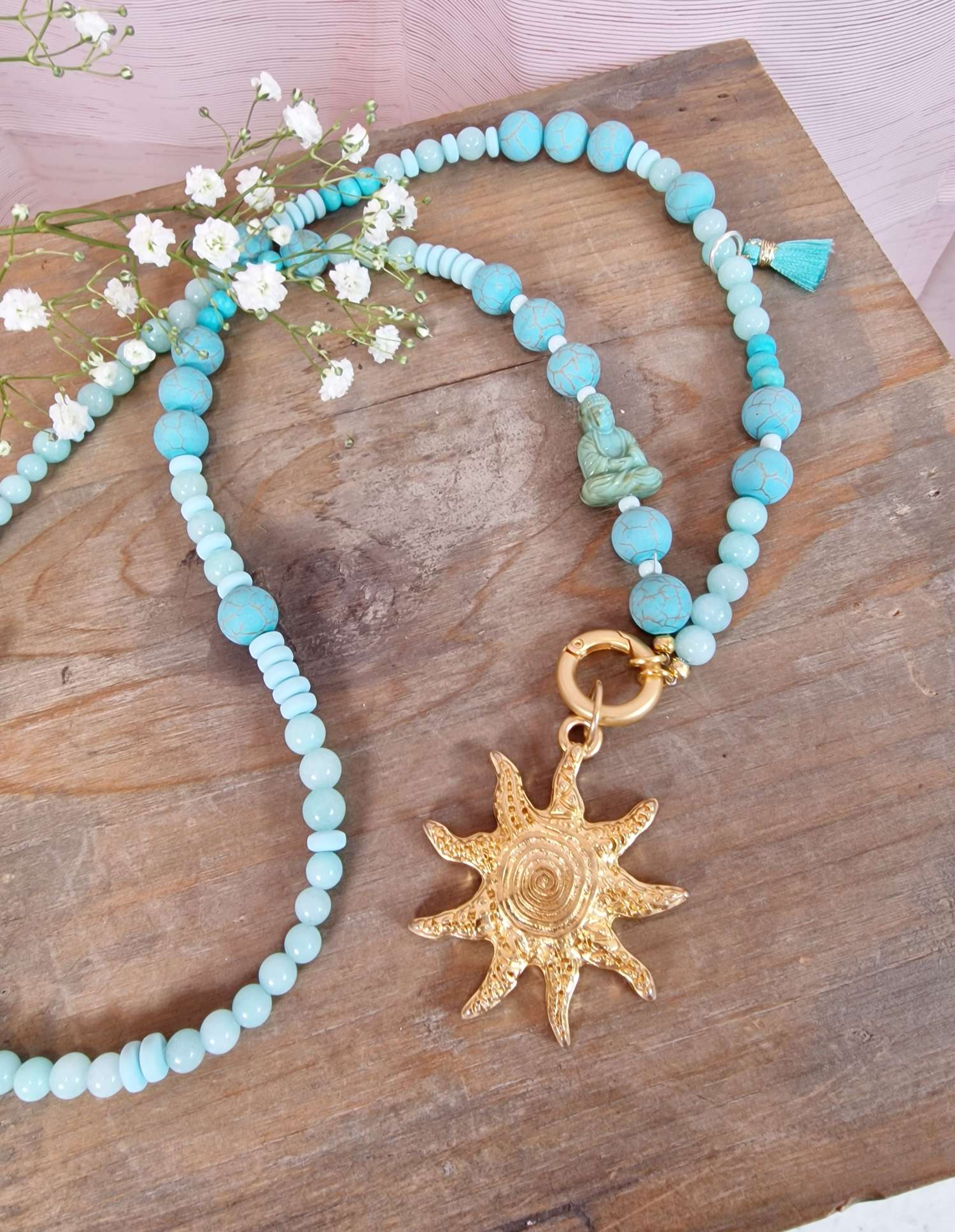 EXKLUSIVE LANGE PERLEN KETTE SUN GOLDSHINY BUDDHA TÜRKIS Howlith Edelsteine