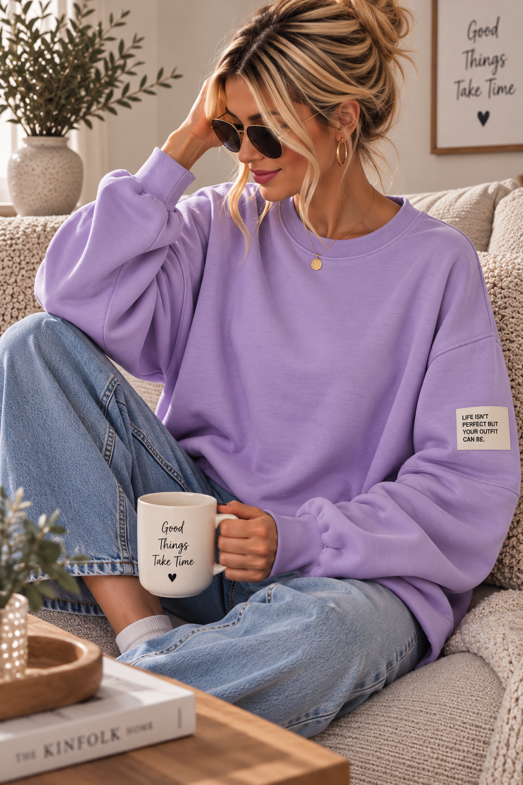 Butterstoff-Sweatshirt uni mit Statement-Patch – SW0094 Made in Italy Gr 34-42