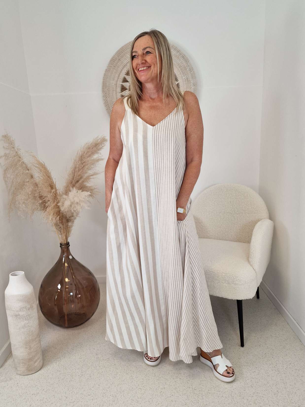 SPAGETTI LEINENKLEID HAJA  BEIGE 36 - 42 Made in Italy  Kleid  