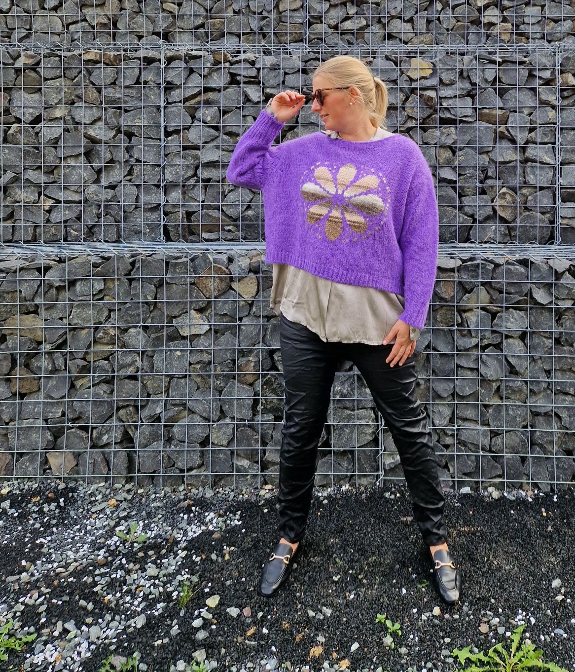 KNIT SWEATER GRETA FLOWER LILA Strickpullover Pullover 34-42 Made in Italy versch. Farben KNIT SWEATER GRETA FLOWER LILA Strickpullover Pullover 34-42 Made in Italy versch. Farben