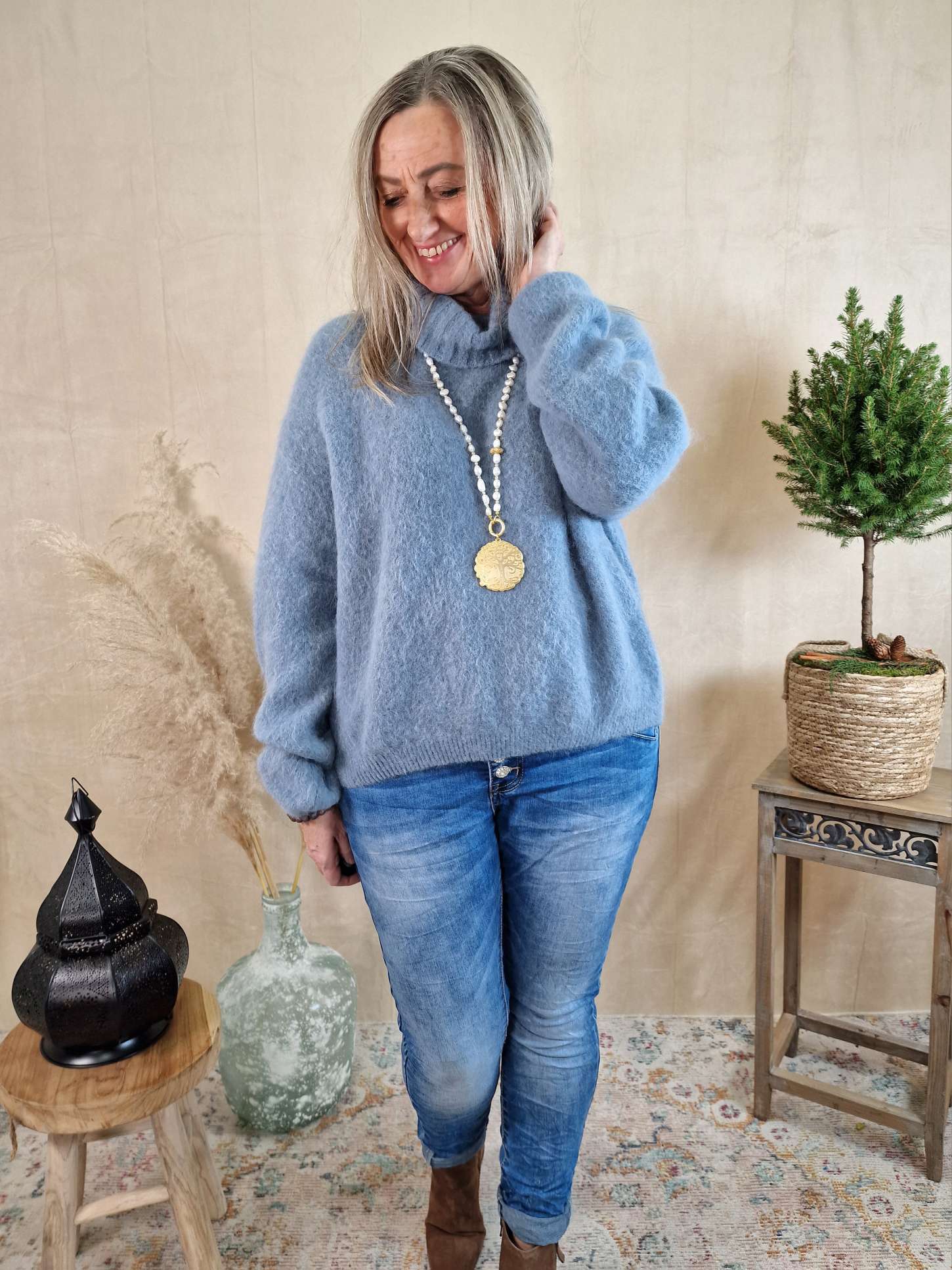 EDLER LUXURY ROLLKRAGEN PULLOVER FRANKA HELLBLAU 34-42 Made in Italy Strickpullover Alpaka Wolle