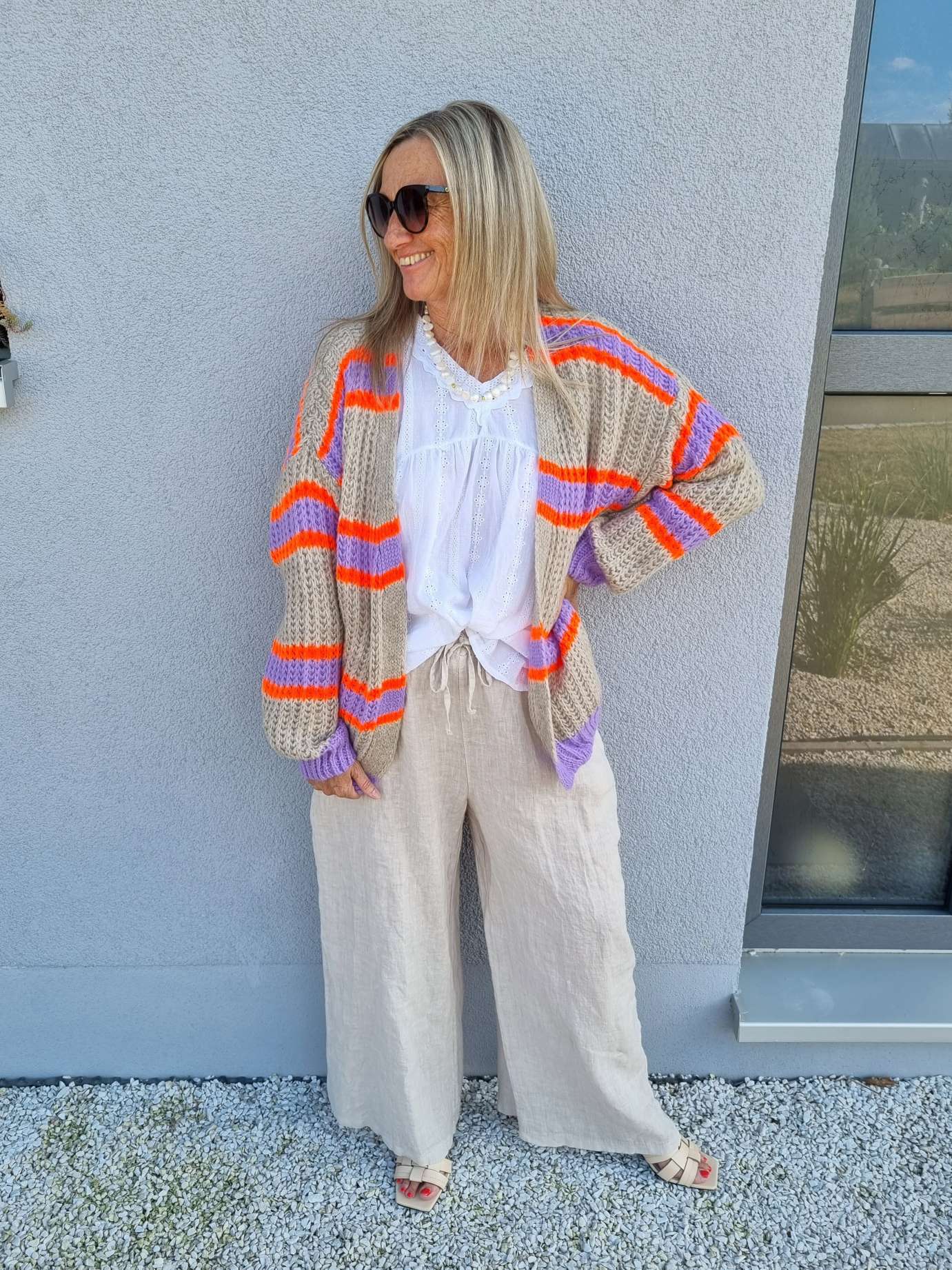 SHORT KNIT CARDIGAN MYKONOS STRIPES BEIGE FLIEDER ORANGE kurze Strick Jacke Made in Italy Streifen 34-42 SHORT KNIT CARDIGAN MYKONOS STRIPES BEIGE FLIEDER ORANGE kurze Strick Jacke Made in Italy Streifen 34-42