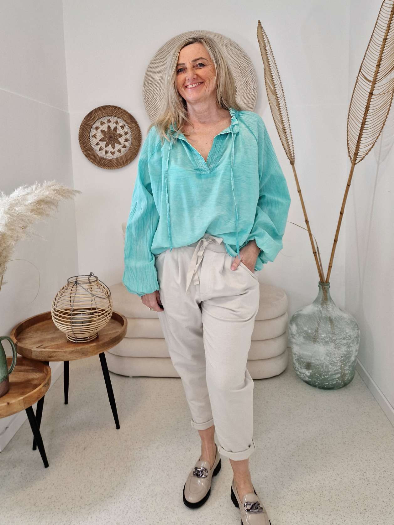 BLUSE BEATRIX TÜRKIS 34-42 Made in Italy Oversize Shirt Hemd Schlupfbluse