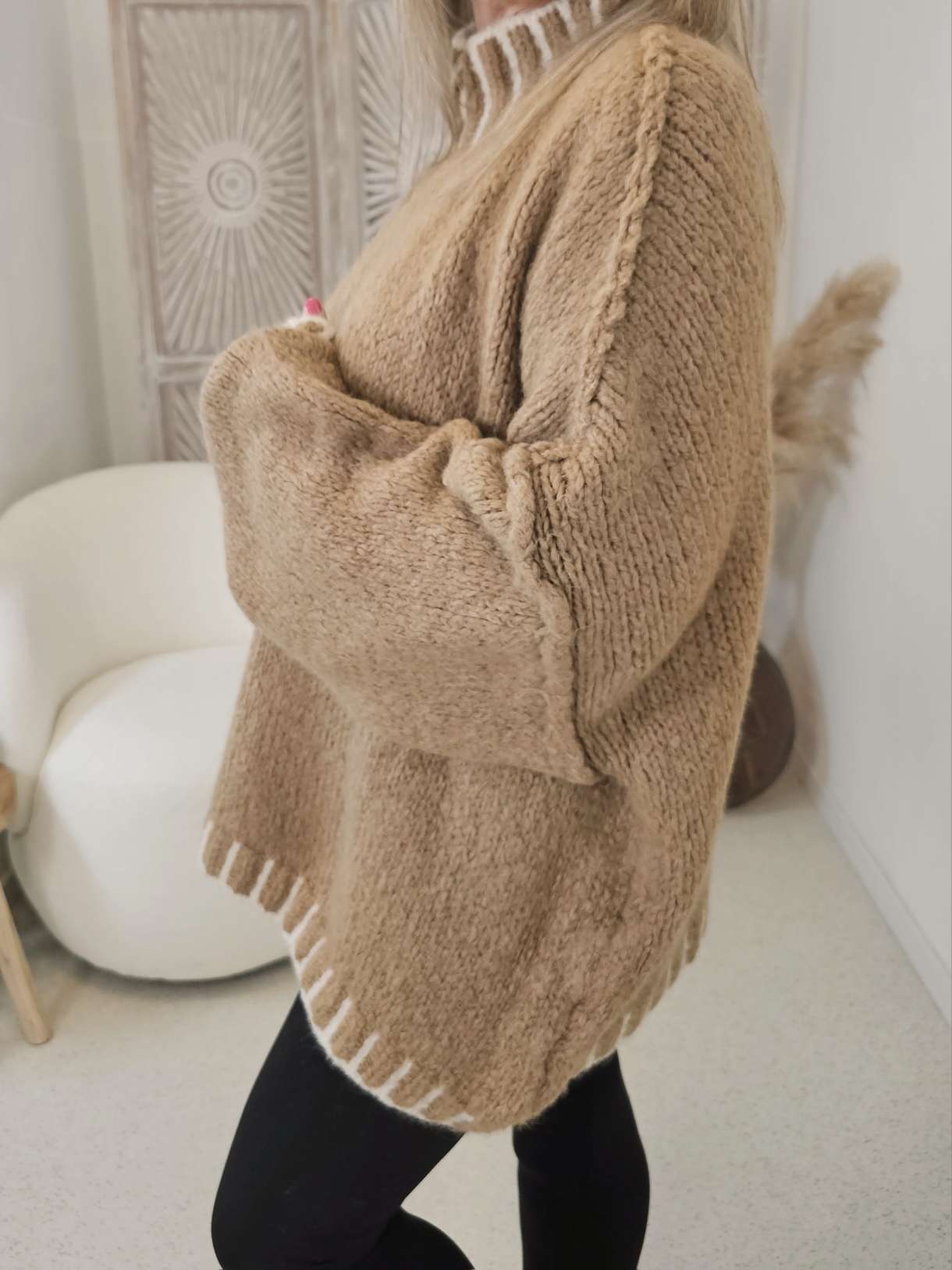 COZY KNIT SWEATER MALAGA Made in Italy 34-44 Stehkragen Pullover Kontrast Saum COZY KNIT SWEATER MALAGA Made in Italy 34-44 Stehkragen Pullover Kontrast Saum