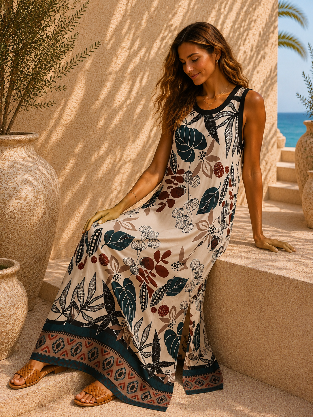 Satin-Kleid Kalila Blätterprint Made in Italy Viskose Qualtiät Gr. 34-40/42