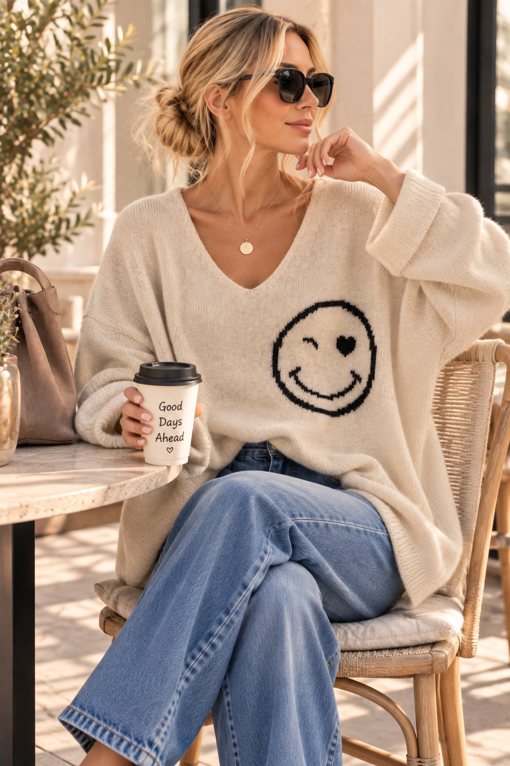 Strickpullover mit Smile & Rückenprint Oversize I NO. SP0019 I Made in Italy 34-44/46