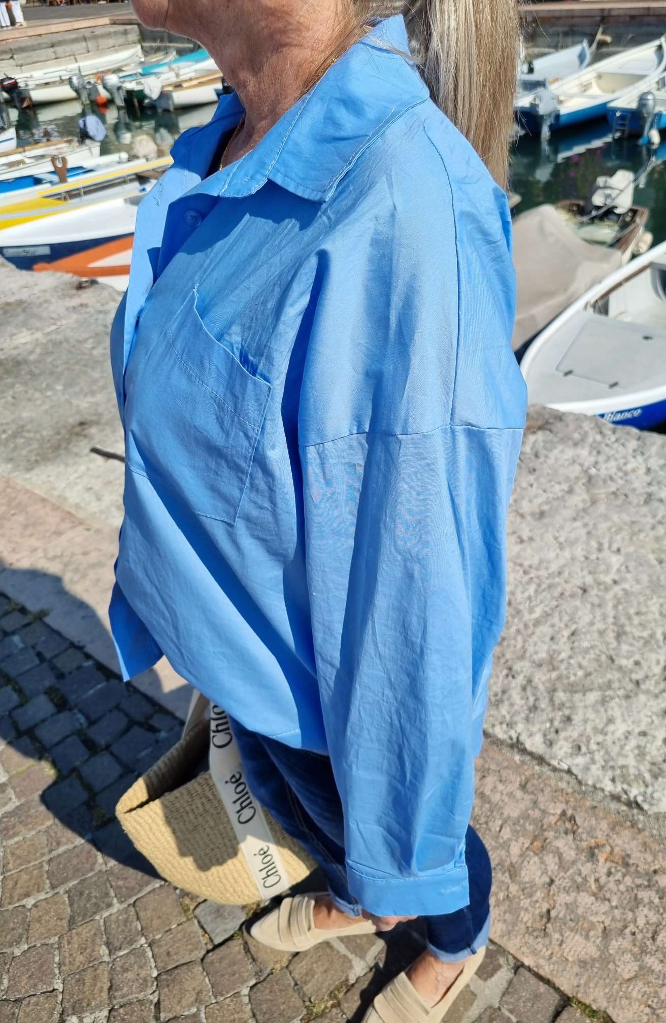 BASIC BLUSE NADINE SHORT HELLBLAU Made in Italy 34-42 Hemd Shirt BASIC BLUSE NADINE SHORT HELLBLAU Made in Italy 34-42 Hemd Shirt