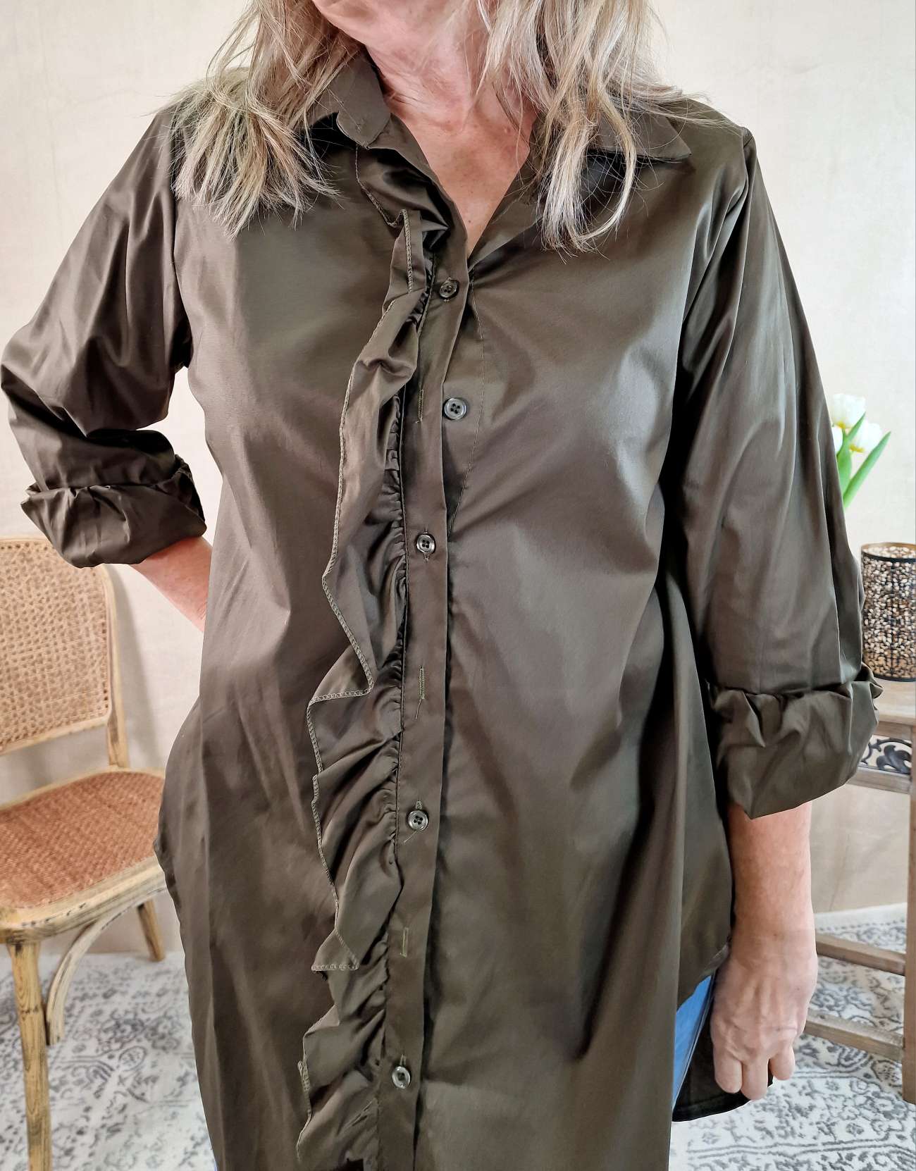 BASIC BLUSEJAMIE LONG KHAKI 34-42 Made in Italy Oversize Shirt Hemd LANG Blusenkleid BASIC BLUSEJAMIE LONG KHAKI 34-42 Made in Italy Oversize Shirt Hemd LANG Blusenkleid