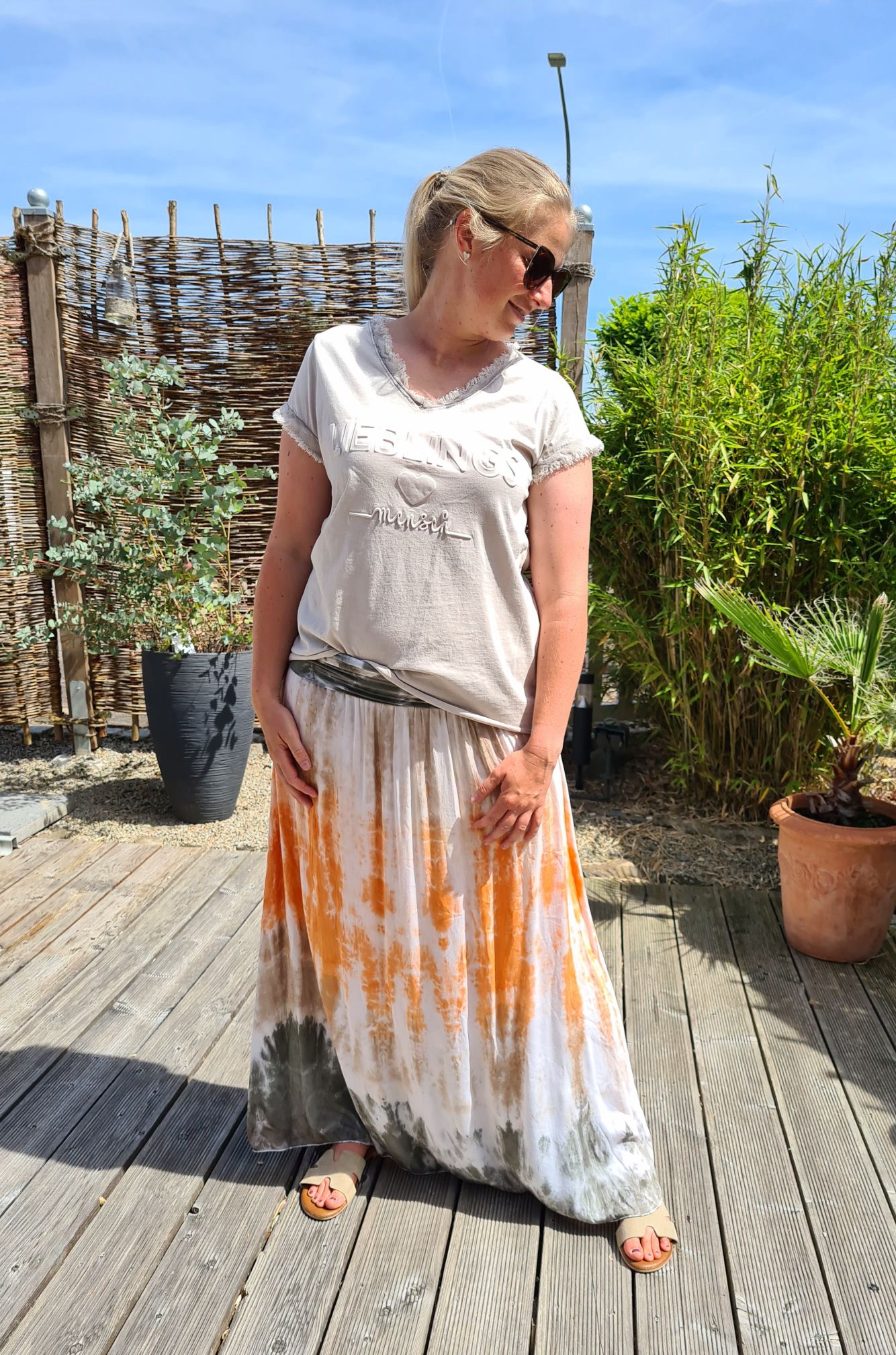 MAXI BATIK SKIRT ANNI ORANGE BEIGE GRAU 34-42 Made in Italy langer Rock Damenrock MAXI BATIK SKIRT ANNI ORANGE BEIGE GRAU 34-42 Made in Italy langer Rock Damenrock